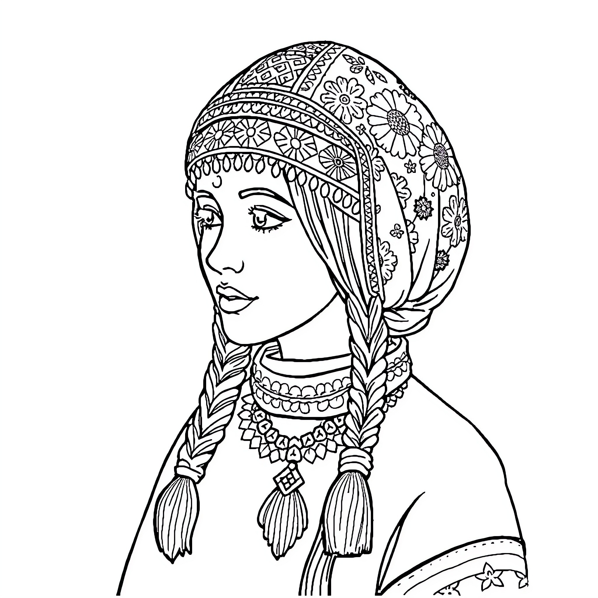 Afghan Headpiece Adorned with Intricate Floral Patterns Coloring Page (free black-and-white line drawing printable PDF for all, from beginners to advanced learners, including children, teens, adults, and seniors)