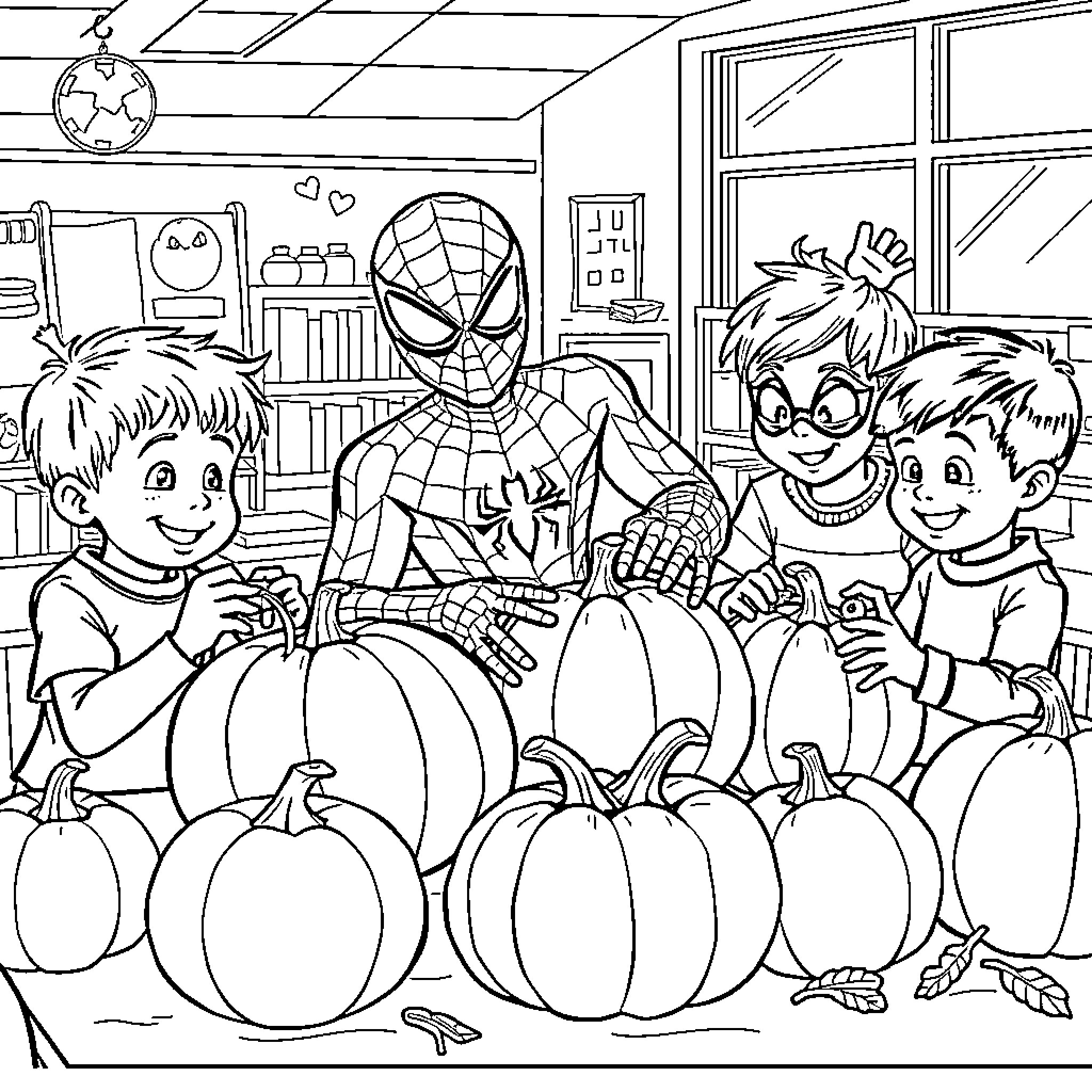 Child Superheroes Carving Pumpkins Together Coloring Page (free black-and-white line drawing printable PDF for all, from beginners to advanced learners, including children, teens, adults, and seniors)