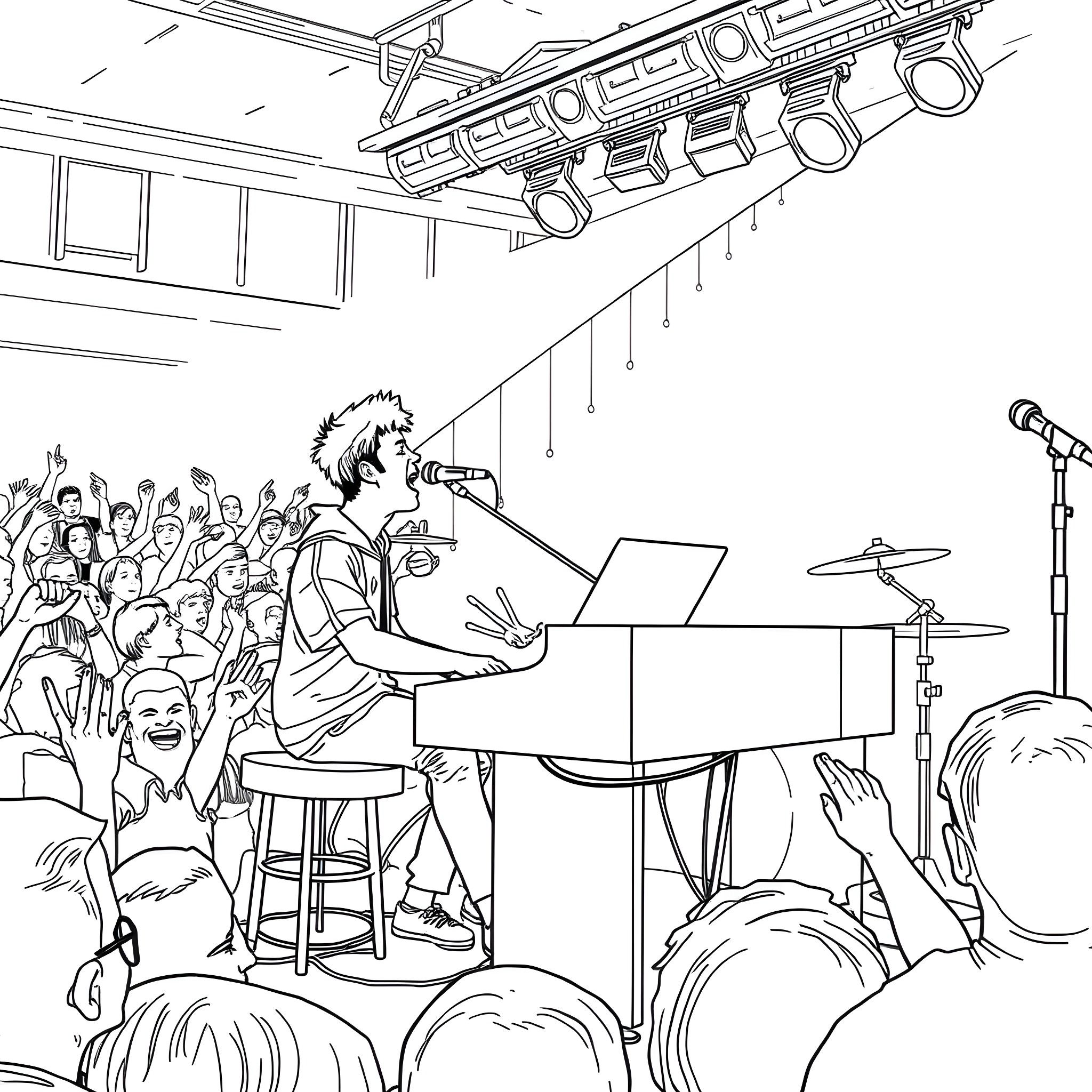 Tyler Joseph performing on stage with his band Coloring Page (free black-and-white line drawing printable PDF for all, from beginners to advanced learners, including children, teens, adults, and seniors)