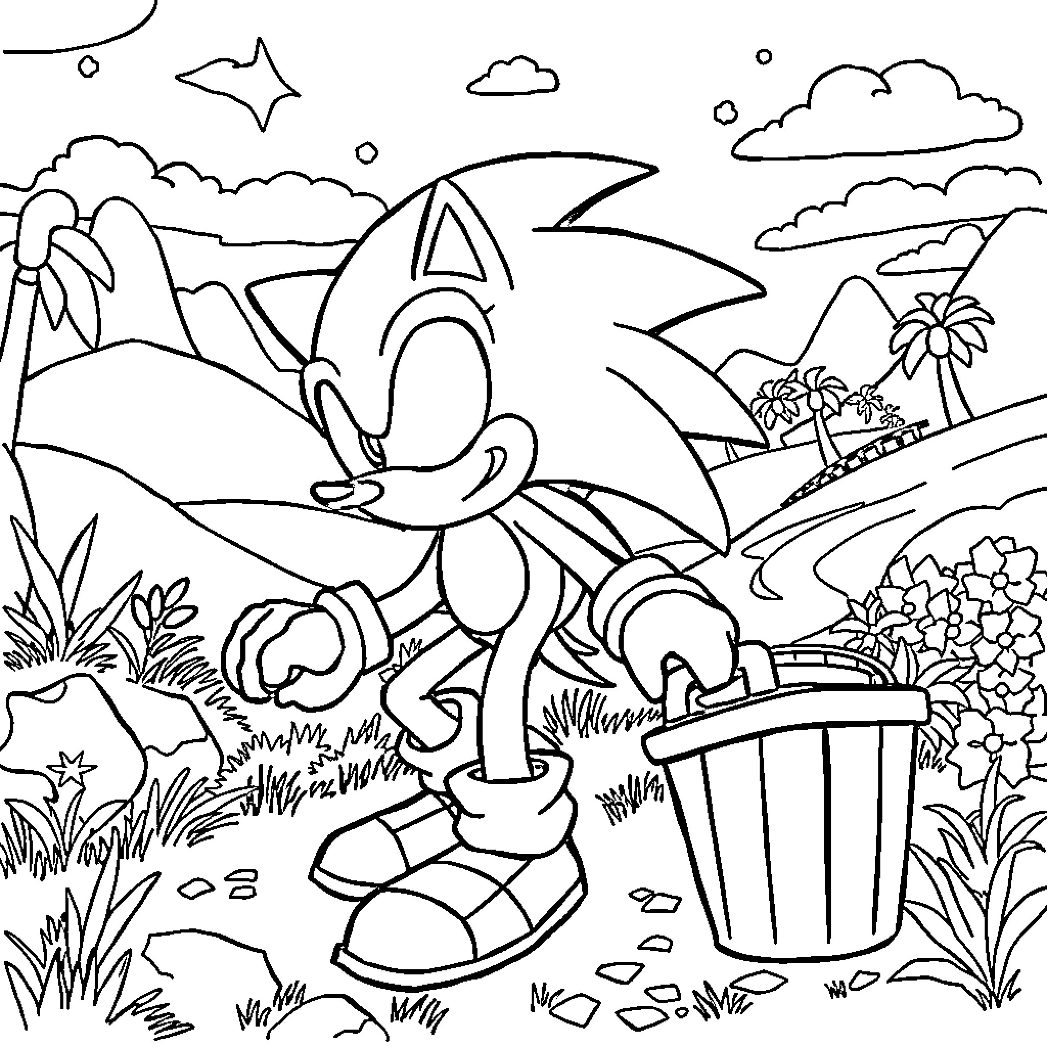 Sonic exploring a tropical landscape Coloring Page (free black-and-white line drawing printable PDF for all, from beginners to advanced learners, including children, teens, adults, and seniors)