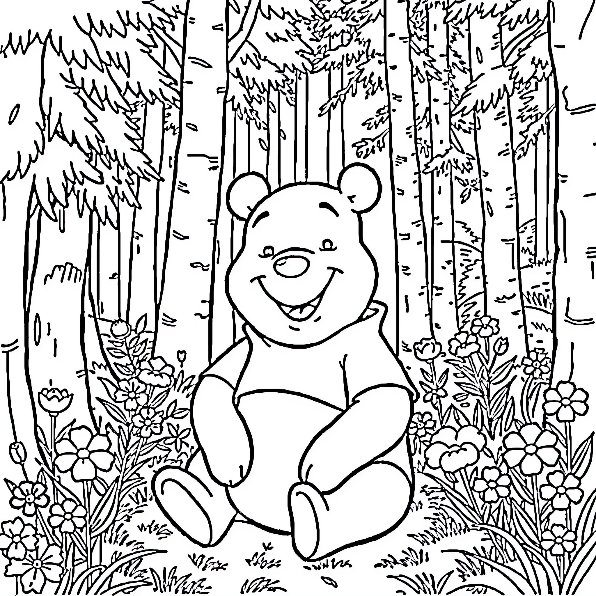 Pooh enjoying nature in the forest Coloring Page (free black-and-white line drawing printable PDF for all, from beginners to advanced learners, including children, teens, adults, and seniors)