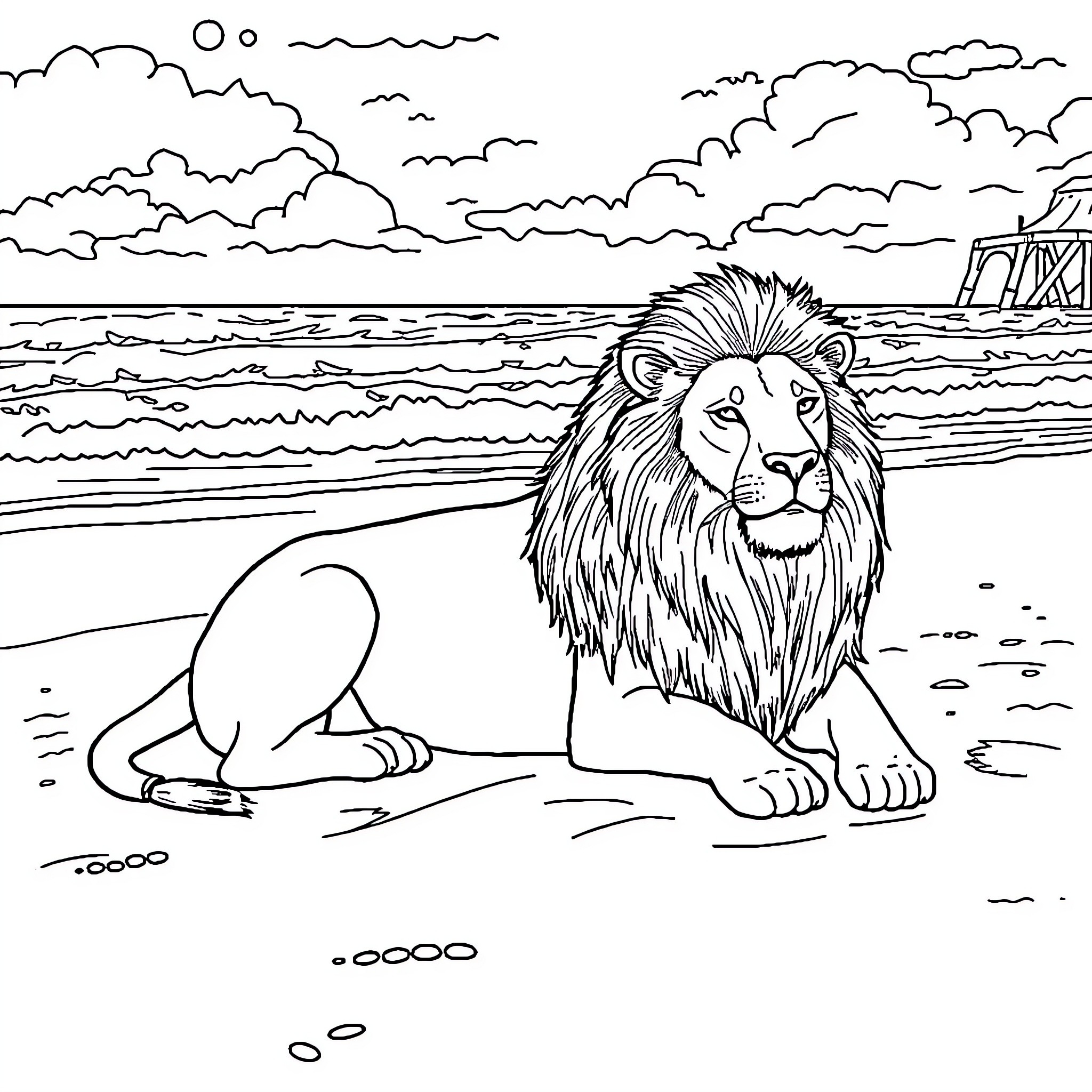 Lion relaxing on the beach Coloring Page (free black-and-white line drawing printable PDF for all, from beginners to advanced learners, including children, teens, adults, and seniors)