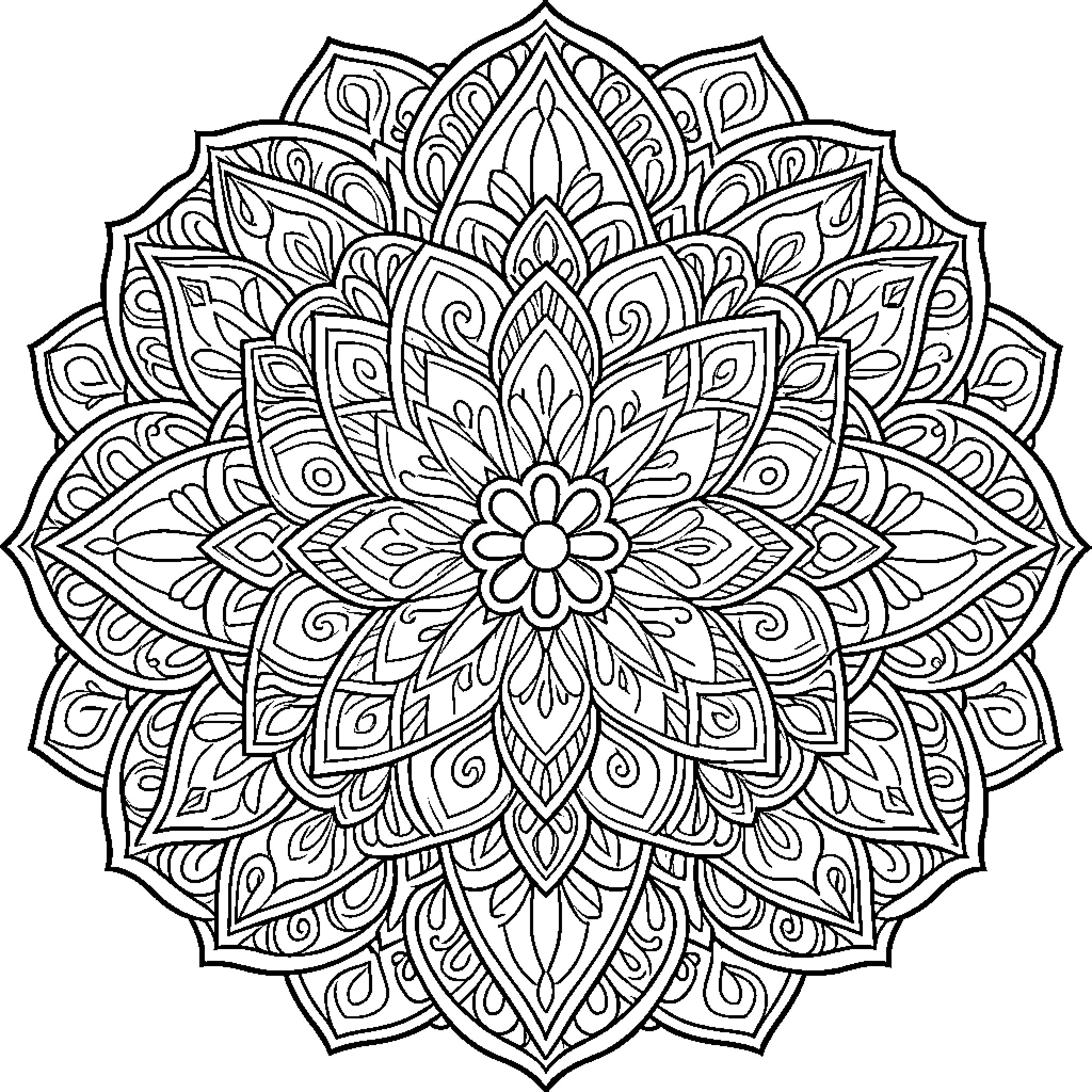 Mandala of intricate floral patterns Coloring Page (free black-and-white line drawing printable PDF for all, from beginners to advanced learners, including children, teens, adults, and seniors)