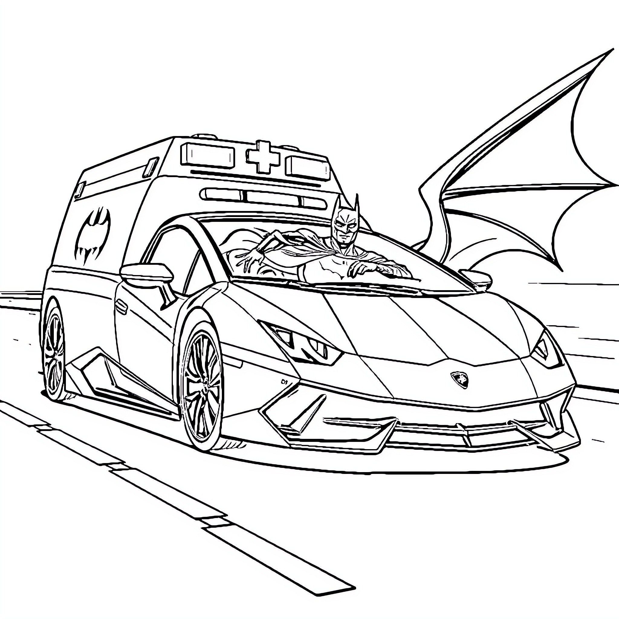 Lamborghini Bat-themed Supercar on the Road Coloring Page (free black-and-white line drawing printable PDF for all, from beginners to advanced learners, including children, teens, adults, and seniors)