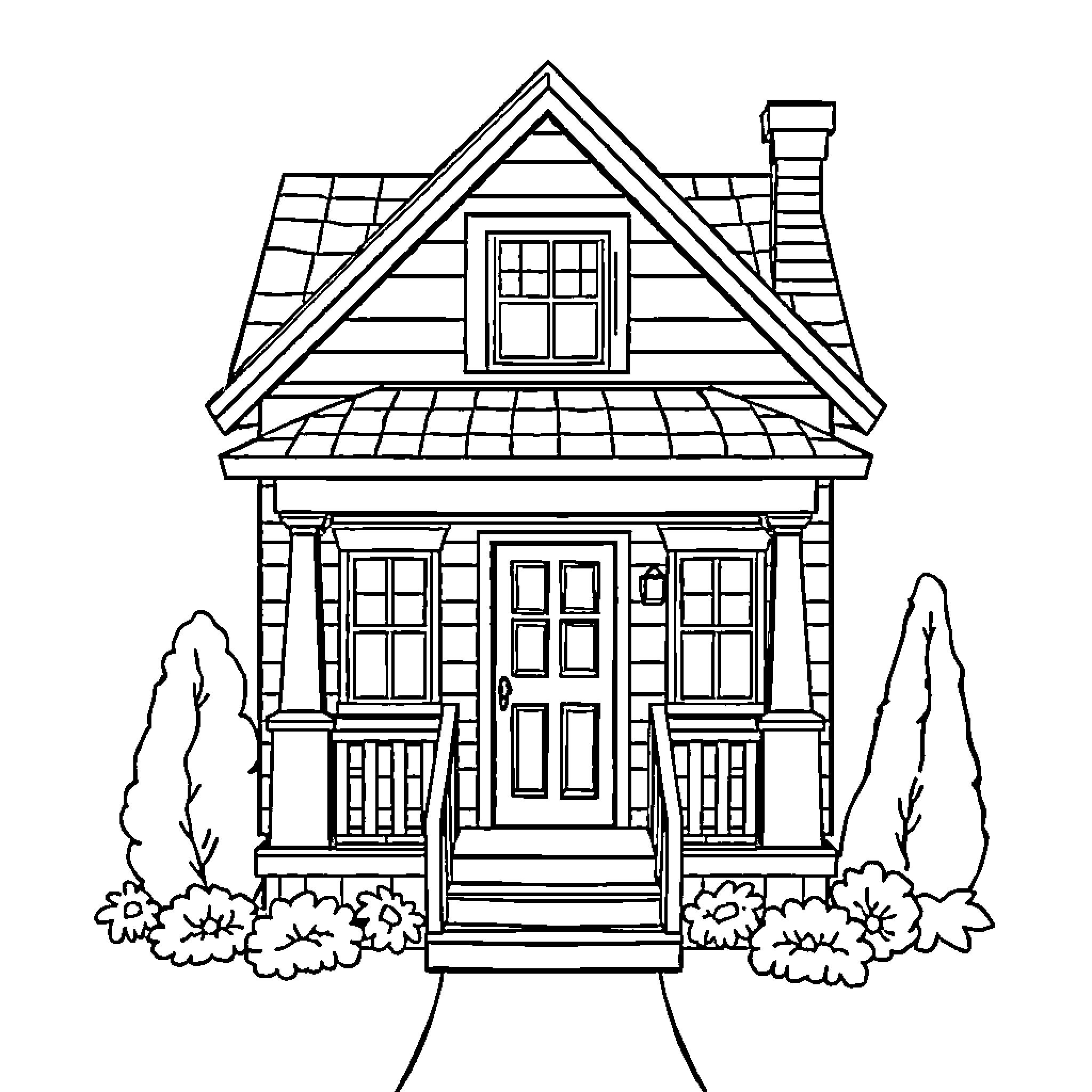 House with detailed exterior and landscaping Coloring Page (free black-and-white line drawing printable PDF for all, from beginners to advanced learners, including children, teens, adults, and seniors)