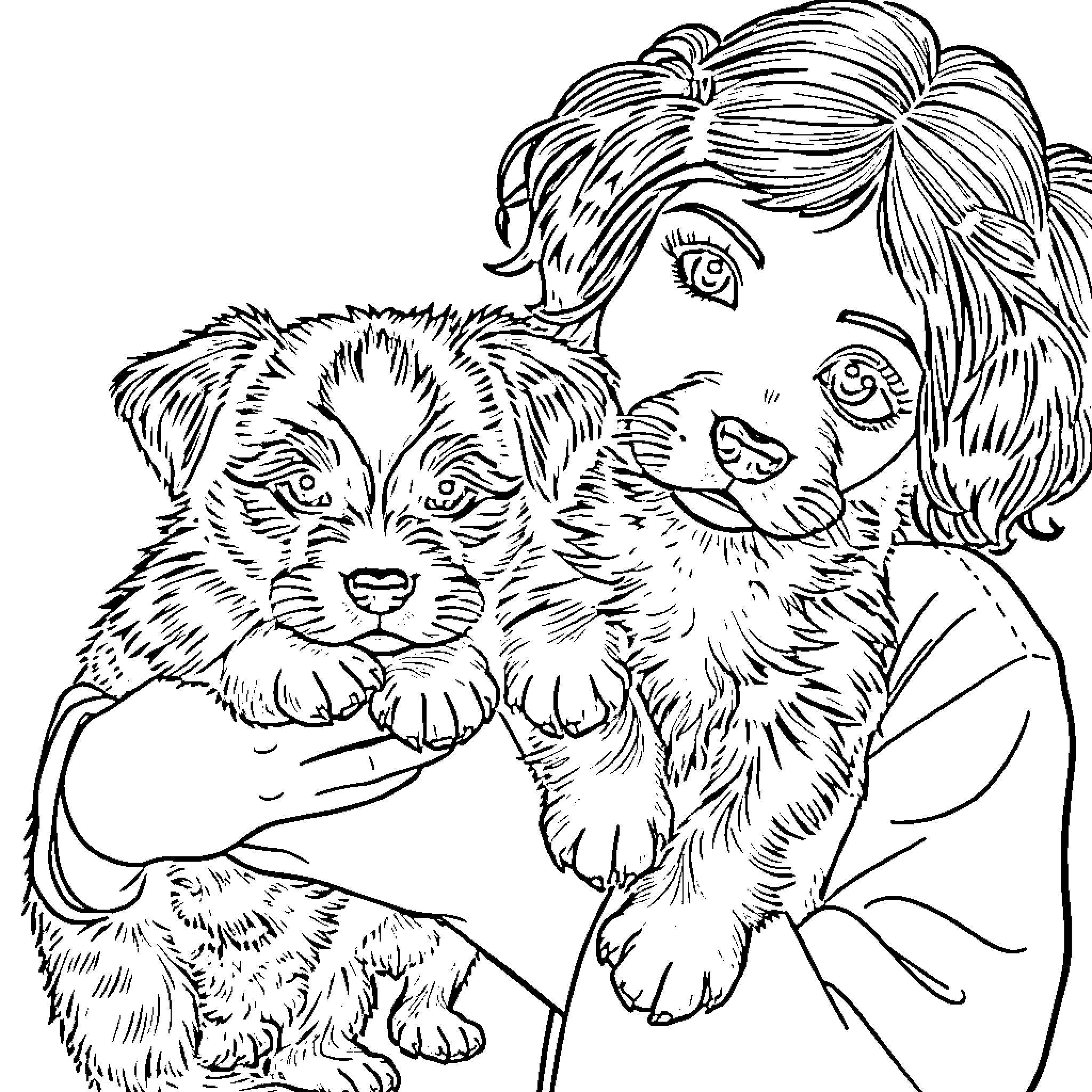 Veterinarian examining cute puppies Coloring Page (free black-and-white line drawing printable PDF for all, from beginners to advanced learners, including children, teens, adults, and seniors)