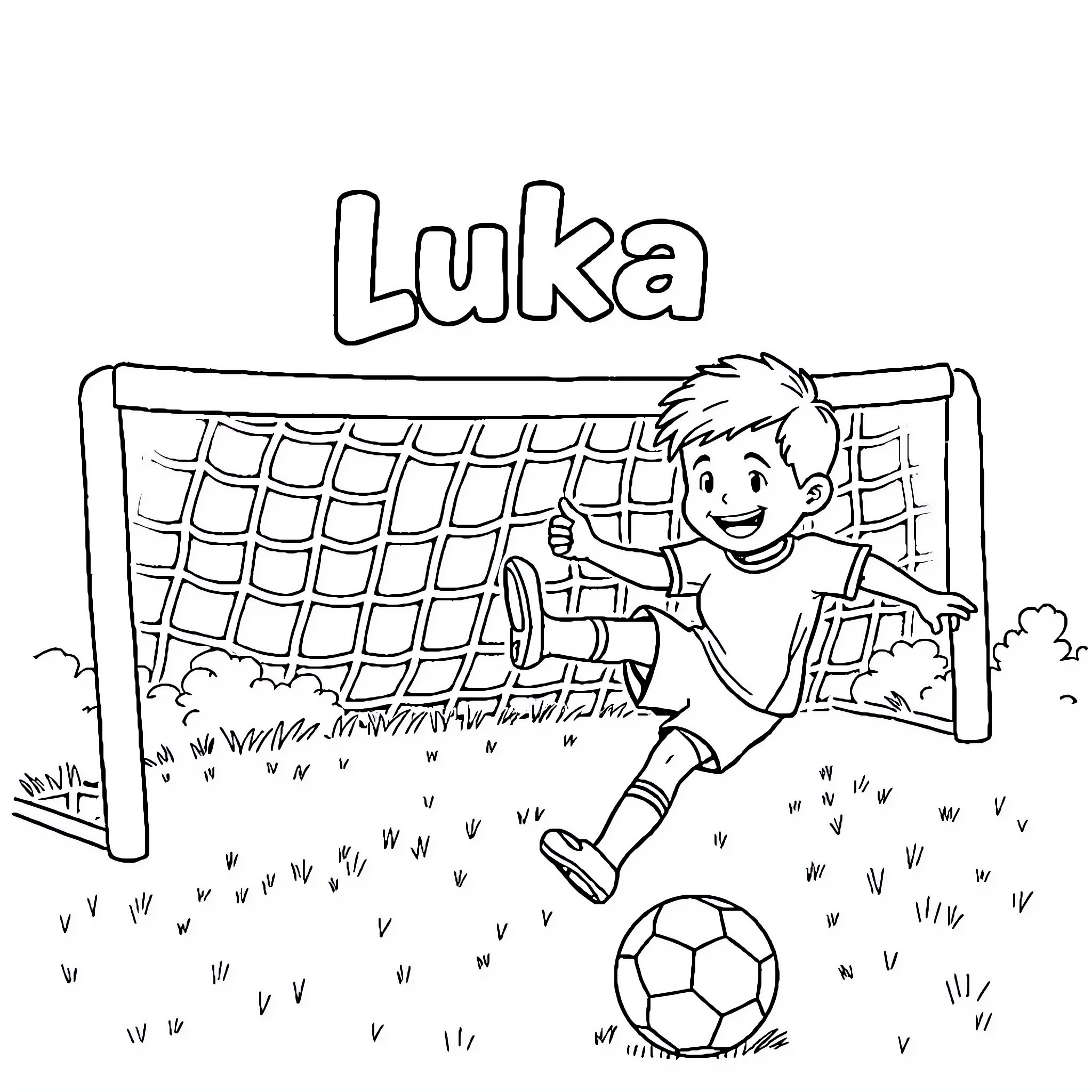 Boy playing soccer with a ball near the goal Coloring Page (free black-and-white line drawing printable PDF for all, from beginners to advanced learners, including children, teens, adults, and seniors)