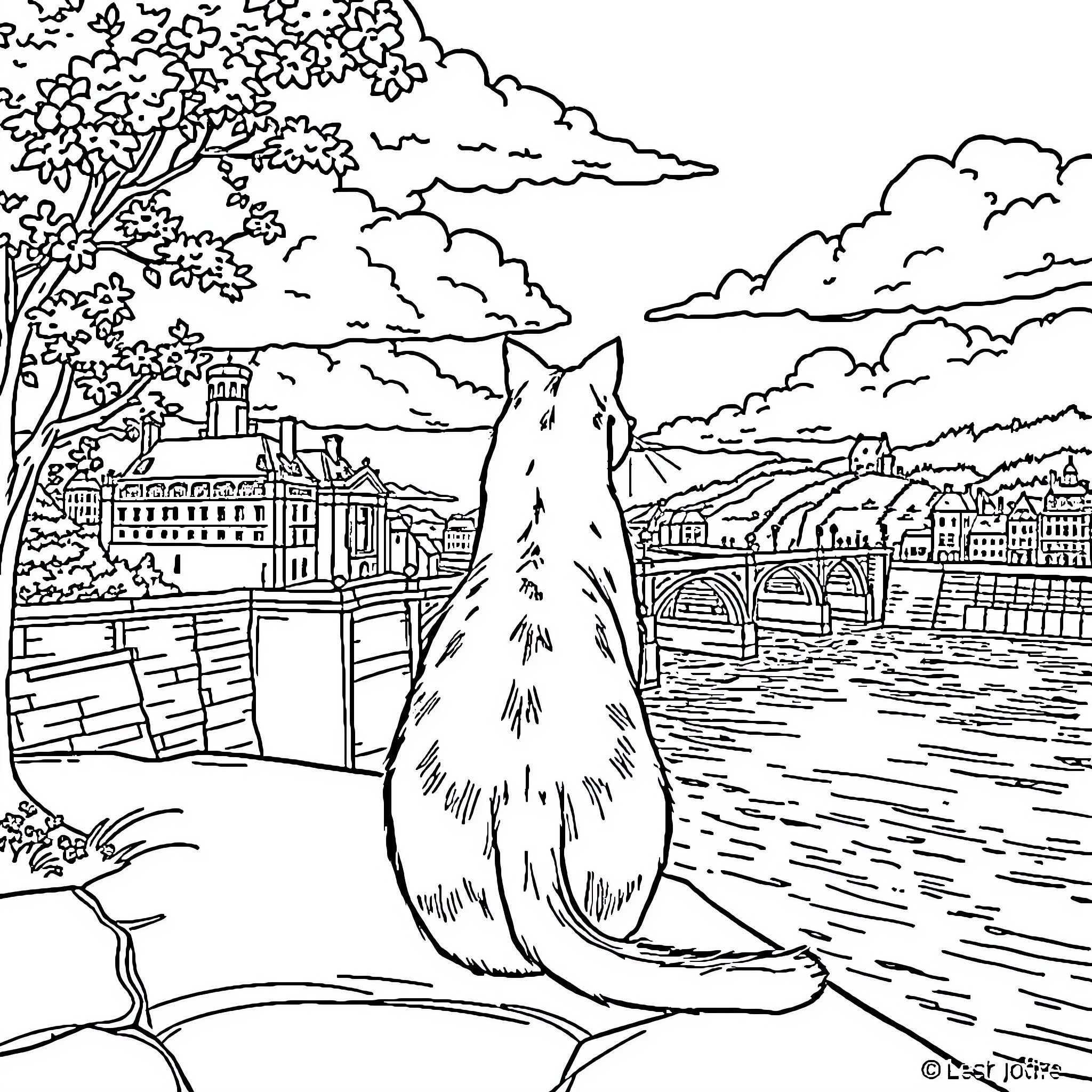 Giant Cat overlooking a scenic city by the river Coloring Page (free black-and-white line drawing printable PDF for all, from beginners to advanced learners, including children, teens, adults, and seniors)