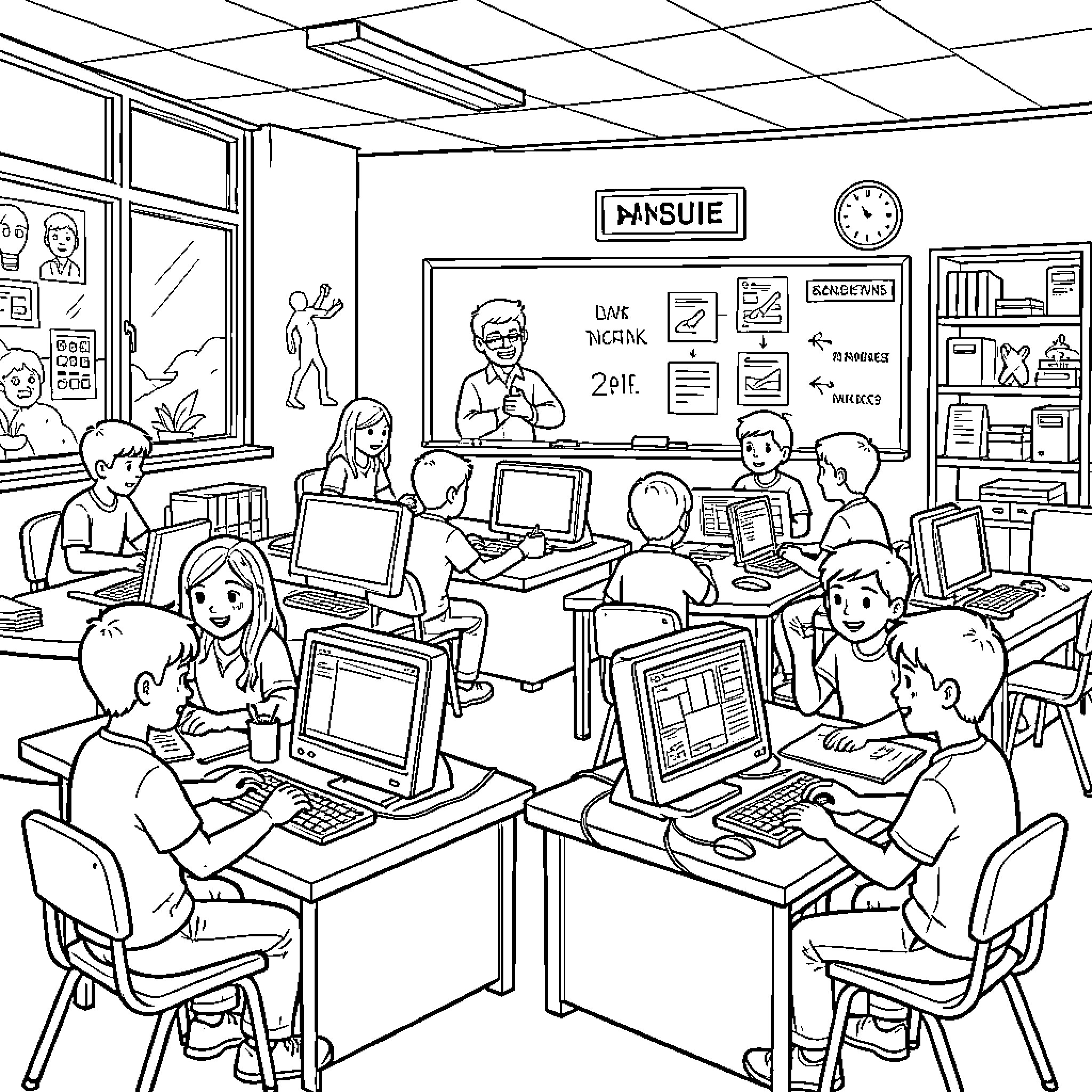 Computer class with teacher and students learning together Coloring Page (free black-and-white line drawing printable PDF for all, from beginners to advanced learners, including children, teens, adults, and seniors)