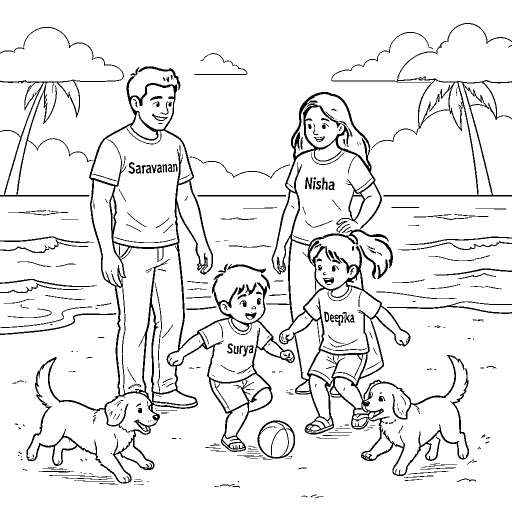Family playing happily with puppies on the beach Coloring Page (free black-and-white line drawing printable PDF for all, from beginners to advanced learners, including children, teens, adults, and seniors)