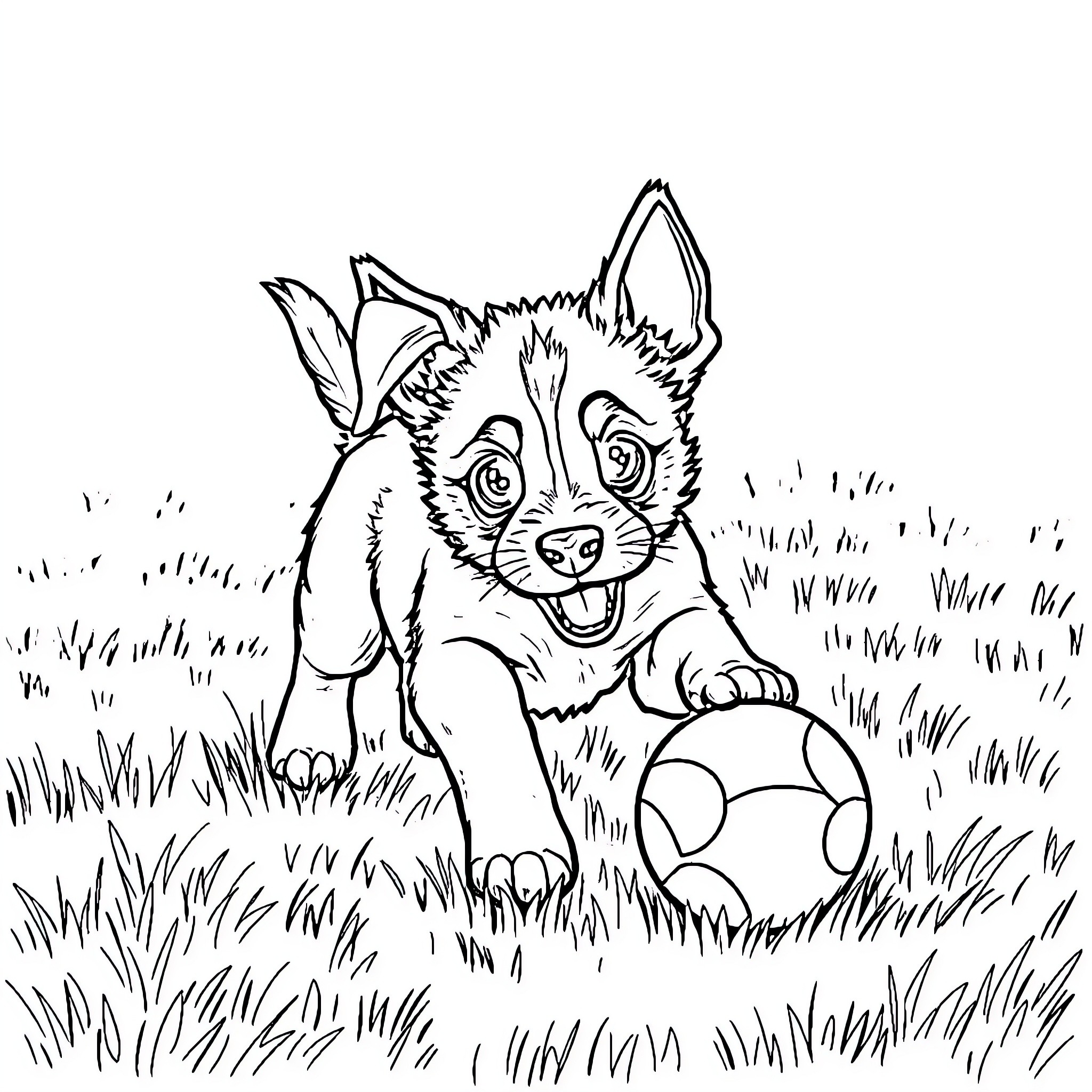 Puppy playing joyfully with a ball in the grass Coloring Page (free black-and-white line drawing printable PDF for all, from beginners to advanced learners, including children, teens, adults, and seniors)