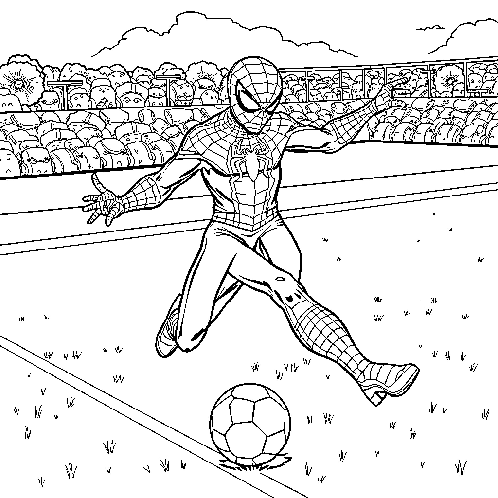 Spiderman playing soccer in the stadium Coloring Page (free black-and-white line drawing printable PDF for all, from beginners to advanced learners, including children, teens, adults, and seniors)