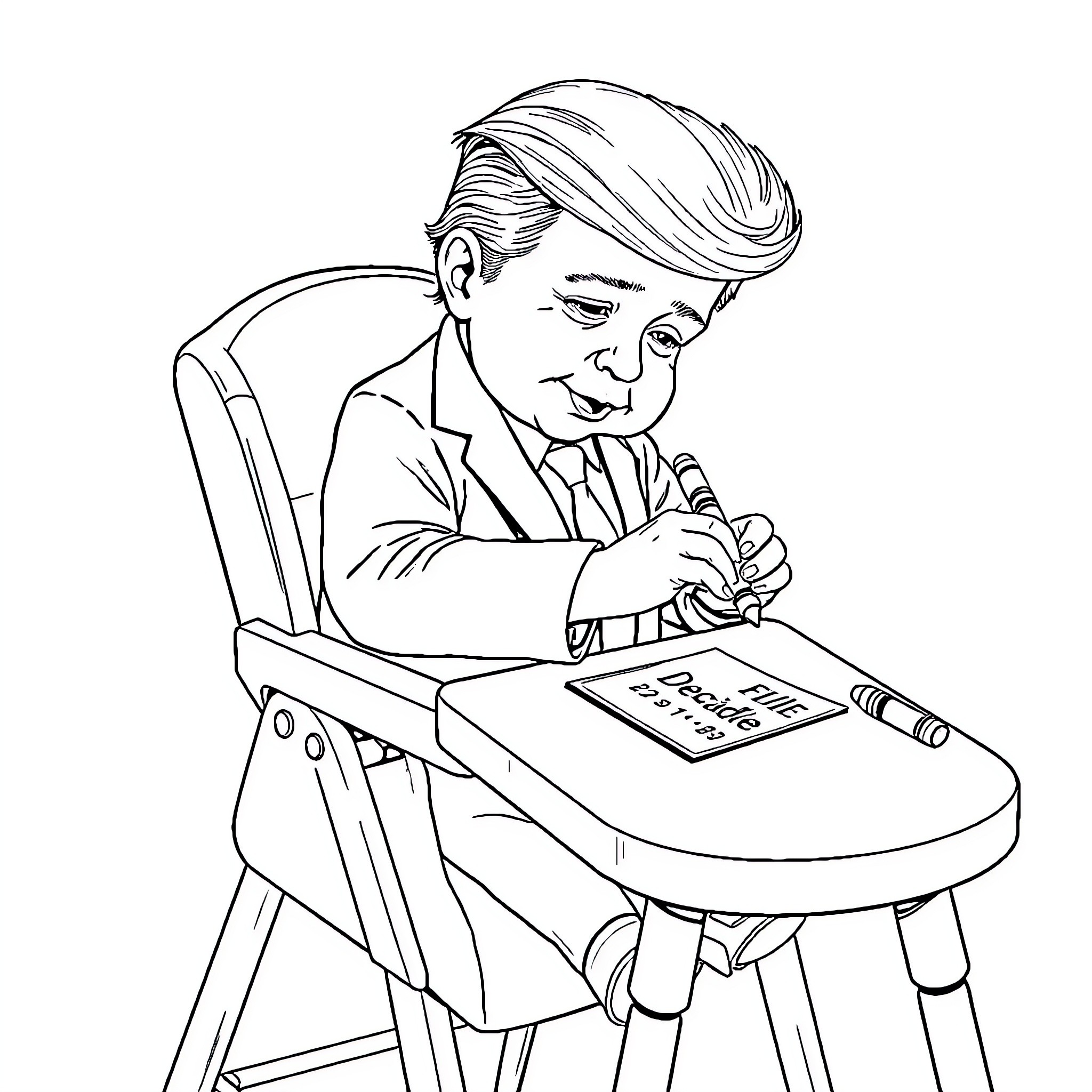 Donald Trump Signing Papers in Formal Attire Coloring Page (free black-and-white line drawing printable PDF for all, from beginners to advanced learners, including children, teens, adults, and seniors)