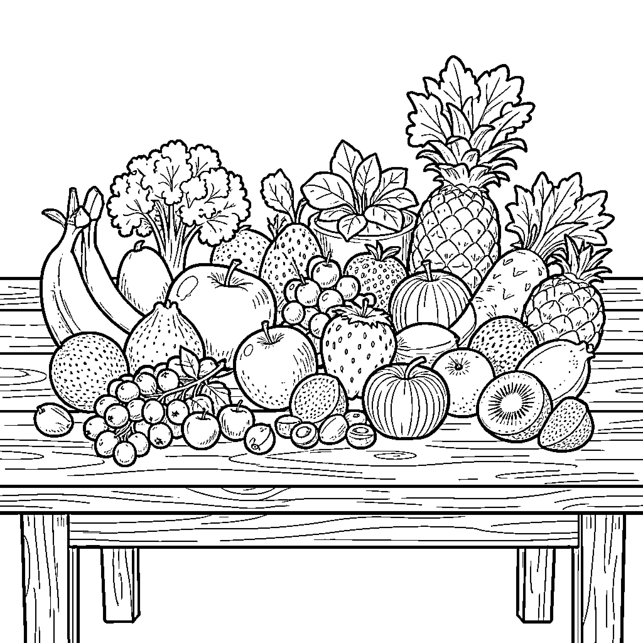 Fruit and Vegetable assortment arranged on a wooden table Coloring Page (free black-and-white line drawing printable PDF for all, from beginners to advanced learners, including children, teens, adults, and seniors)