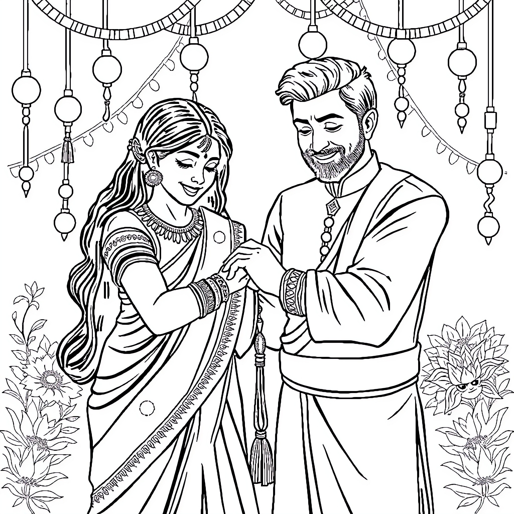 Rakshabandhan celebration between siblings Coloring Page (free black-and-white line drawing printable PDF for all, from beginners to advanced learners, including children, teens, adults, and seniors)