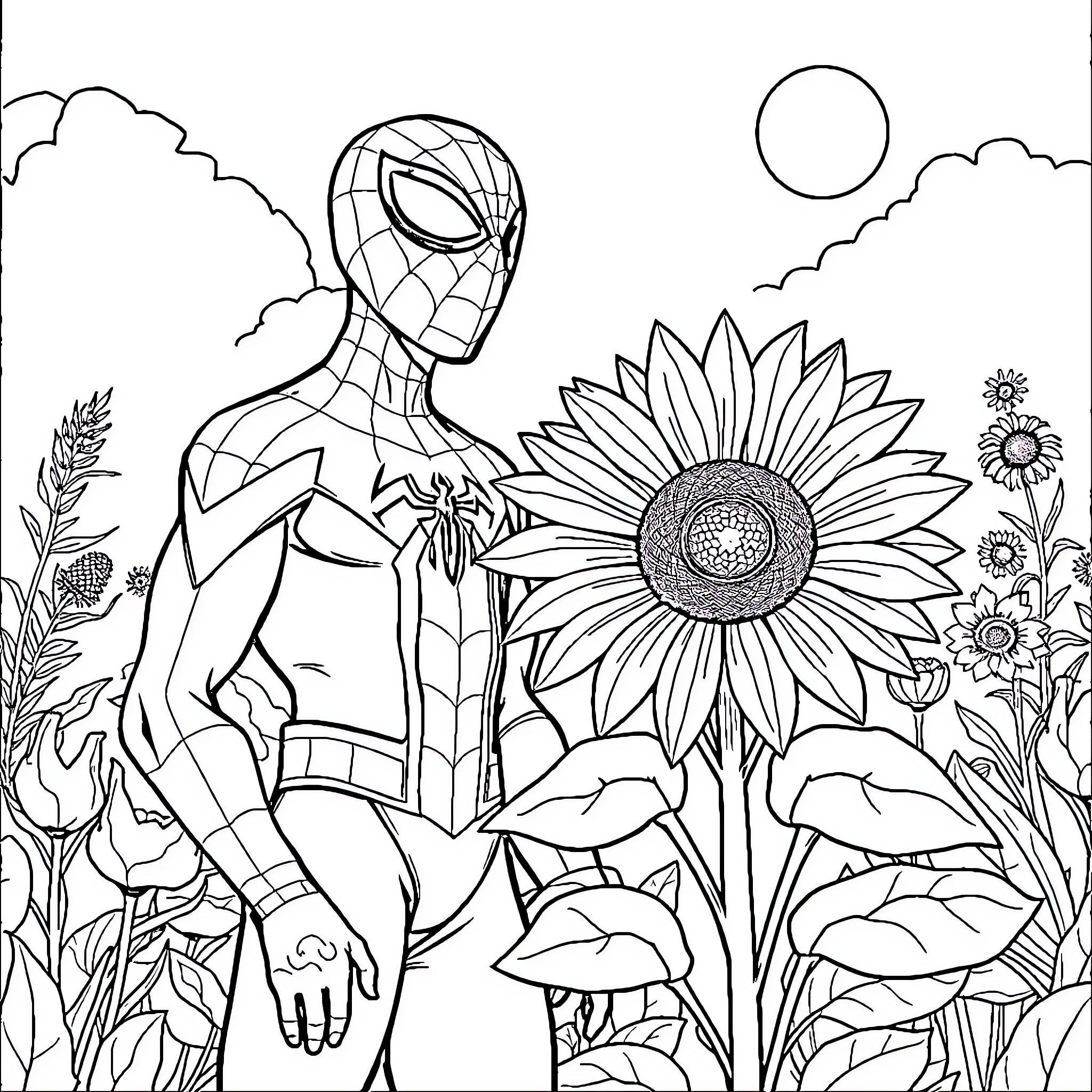 Spider hero among nature's wonders Coloring Page (free black-and-white line drawing printable PDF for all, from beginners to advanced learners, including children, teens, adults, and seniors)