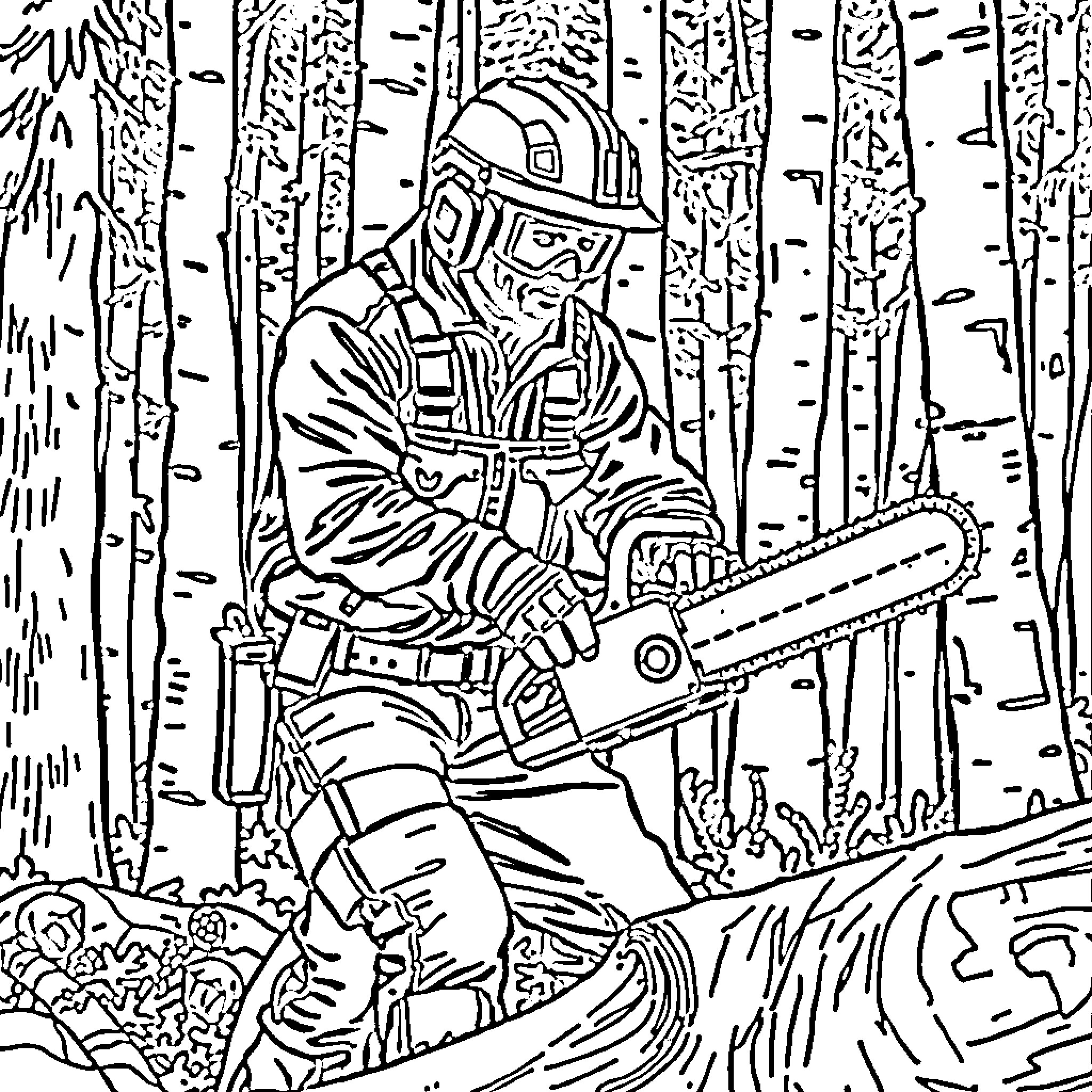 Man with helmet wielding a chainsaw in the forest Coloring Page (free black-and-white line drawing printable PDF for all, from beginners to advanced learners, including children, teens, adults, and seniors)