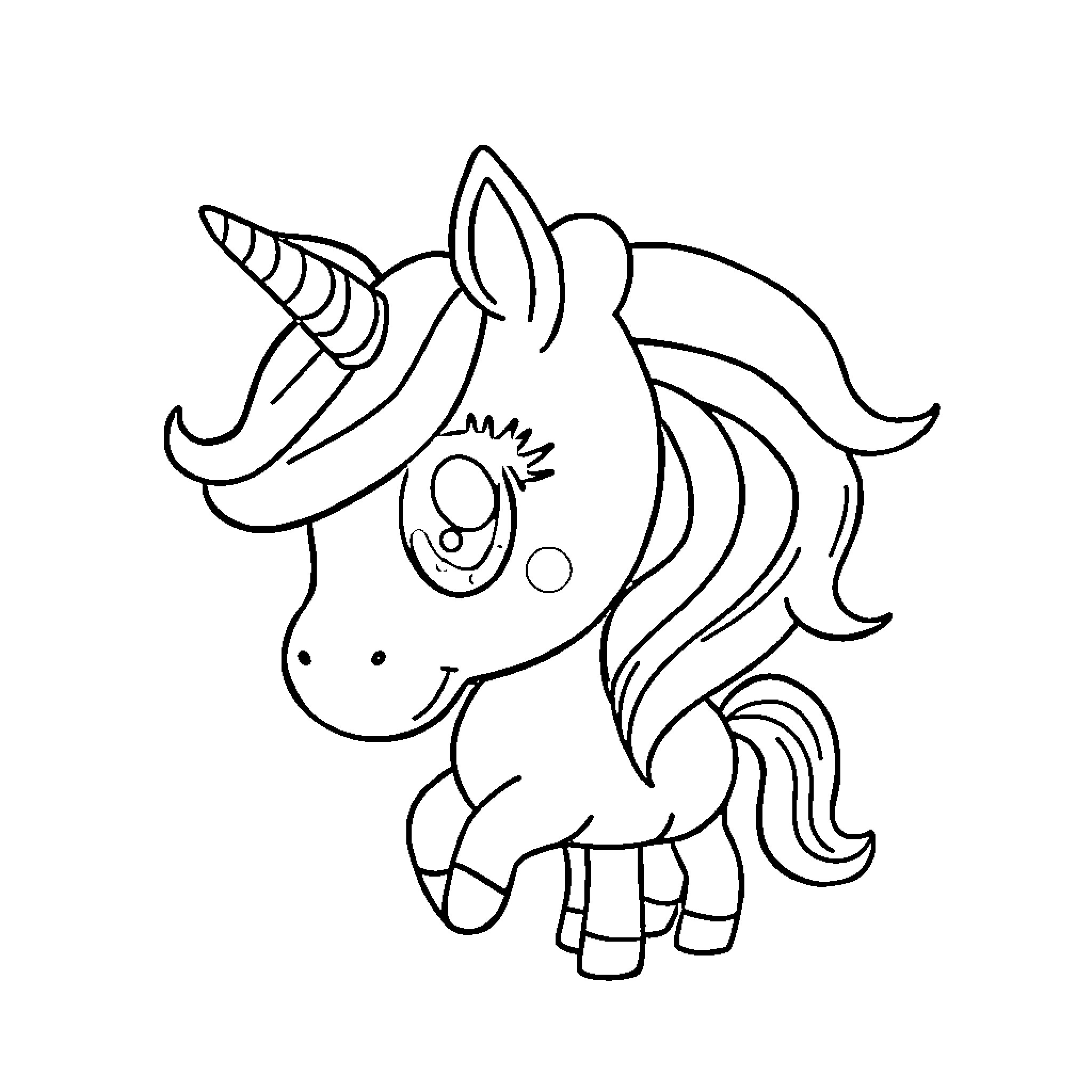 Unicorn smiling and ready to play Coloring Page (free black-and-white line drawing printable PDF for all, from beginners to advanced learners, including children, teens, adults, and seniors)