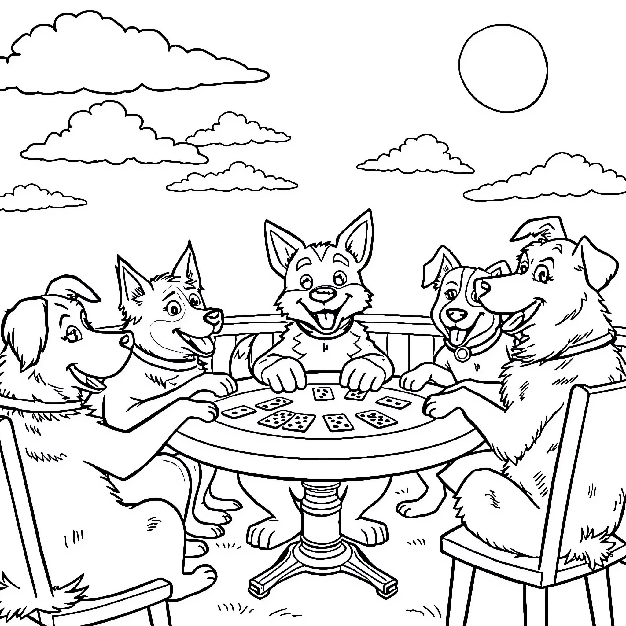 Bluey and friends playing board game outdoors Coloring Page (free black-and-white line drawing printable PDF for all, from beginners to advanced learners, including children, teens, adults, and seniors)
