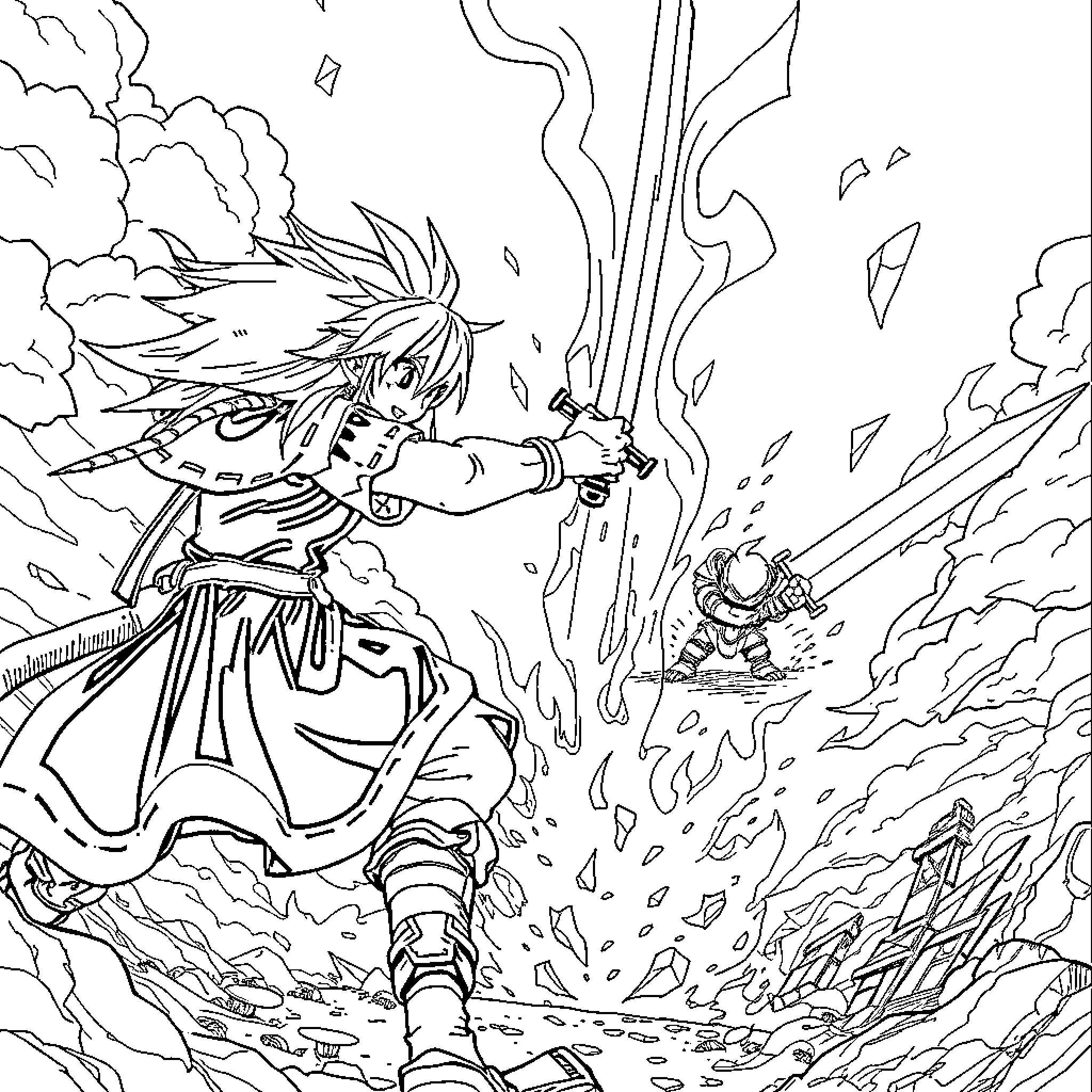Sora's Fierce Magical Battle in the Whirlwind Coloring Page (free black-and-white line drawing printable PDF for all, from beginners to advanced learners, including children, teens, adults, and seniors)