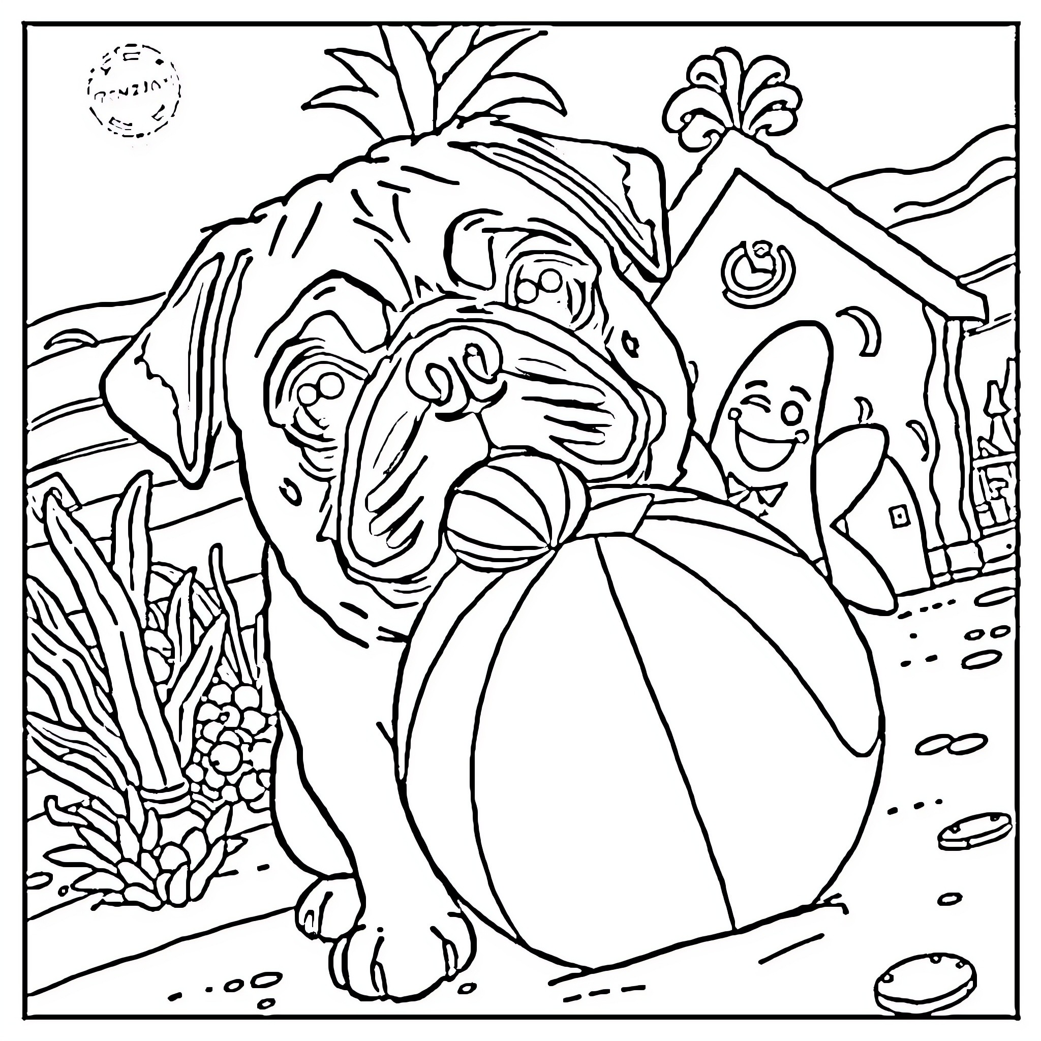 Pug lounging in tropical paradise Coloring Page (free black-and-white line drawing printable PDF for all, from beginners to advanced learners, including children, teens, adults, and seniors)