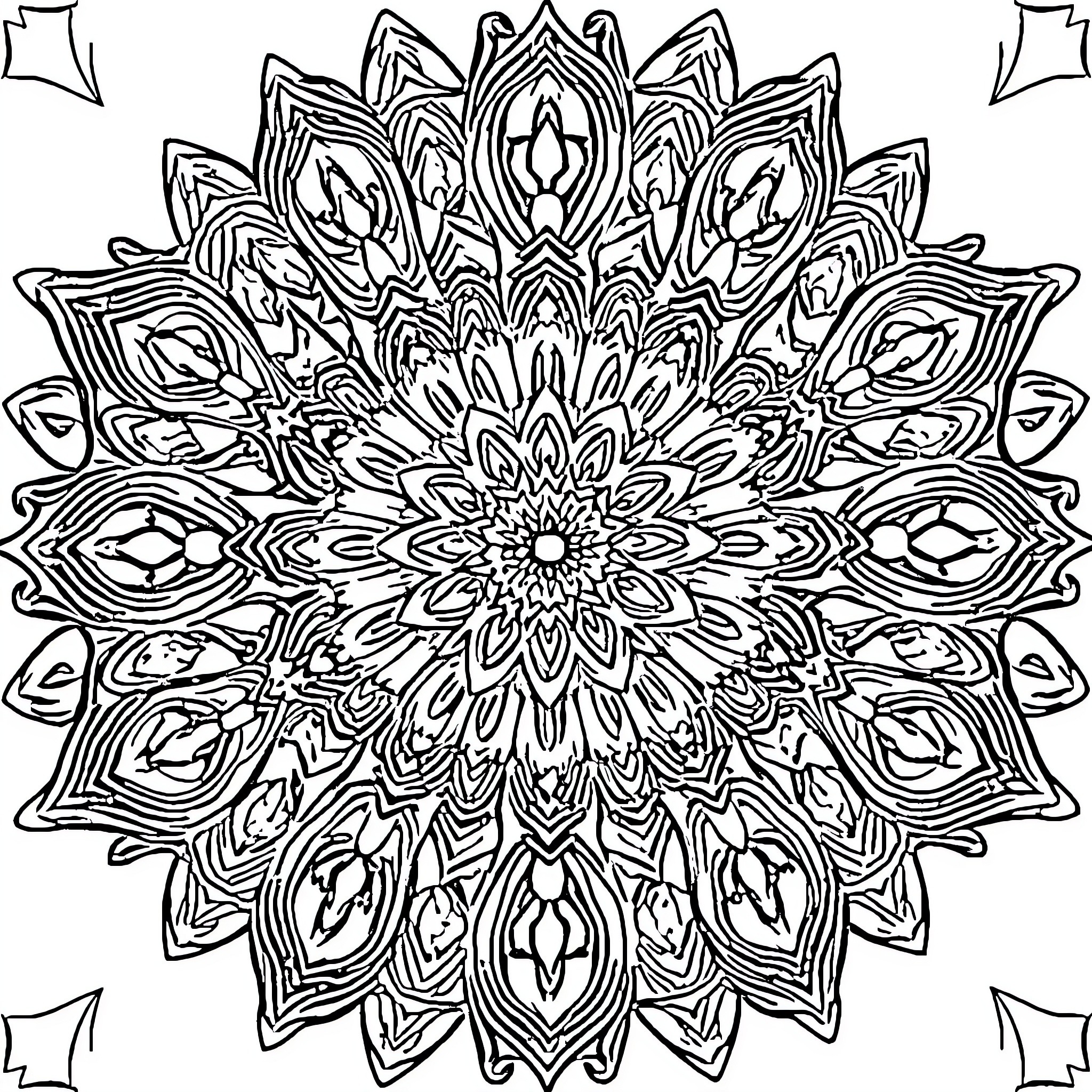 Mandala of intricate floral patterns Coloring Page (free black-and-white line drawing printable PDF for all, from beginners to advanced learners, including children, teens, adults, and seniors)