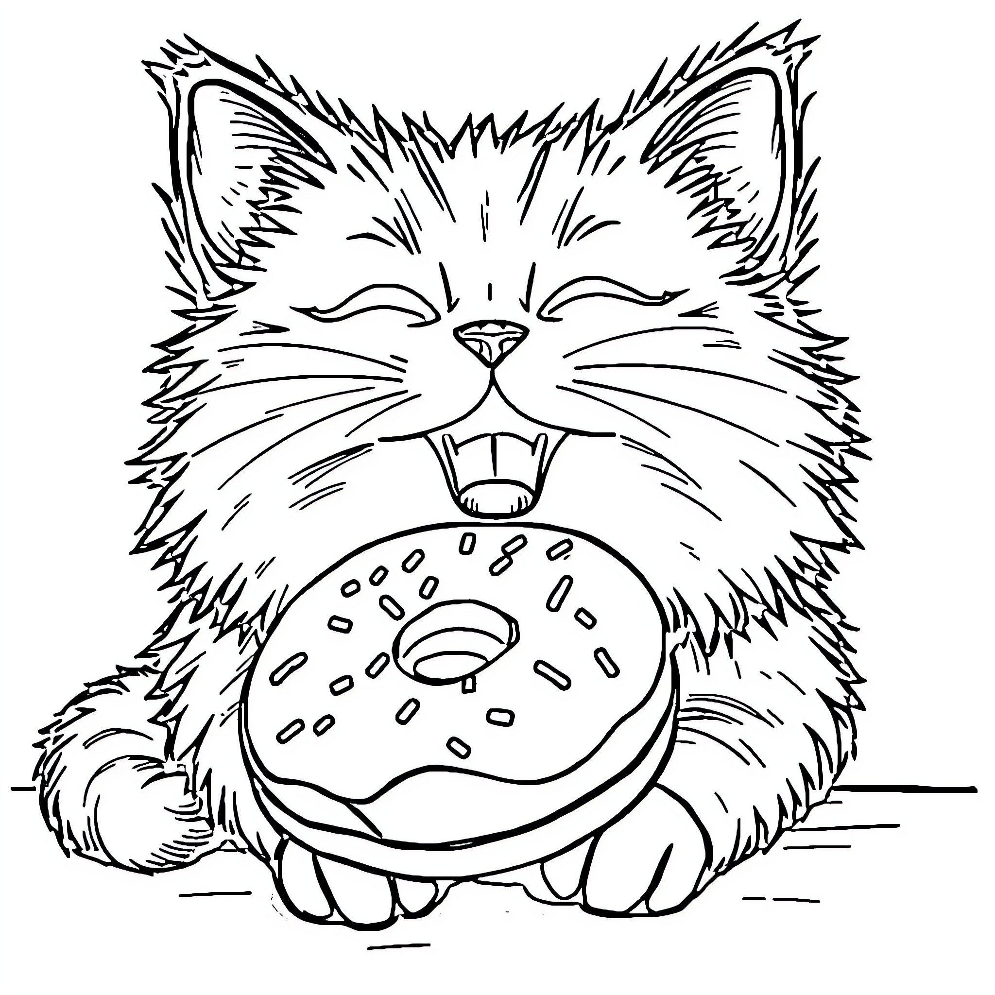 Cat enjoying a doughnut Coloring Page (free black-and-white line drawing printable PDF for all, from beginners to advanced learners, including children, teens, adults, and seniors)