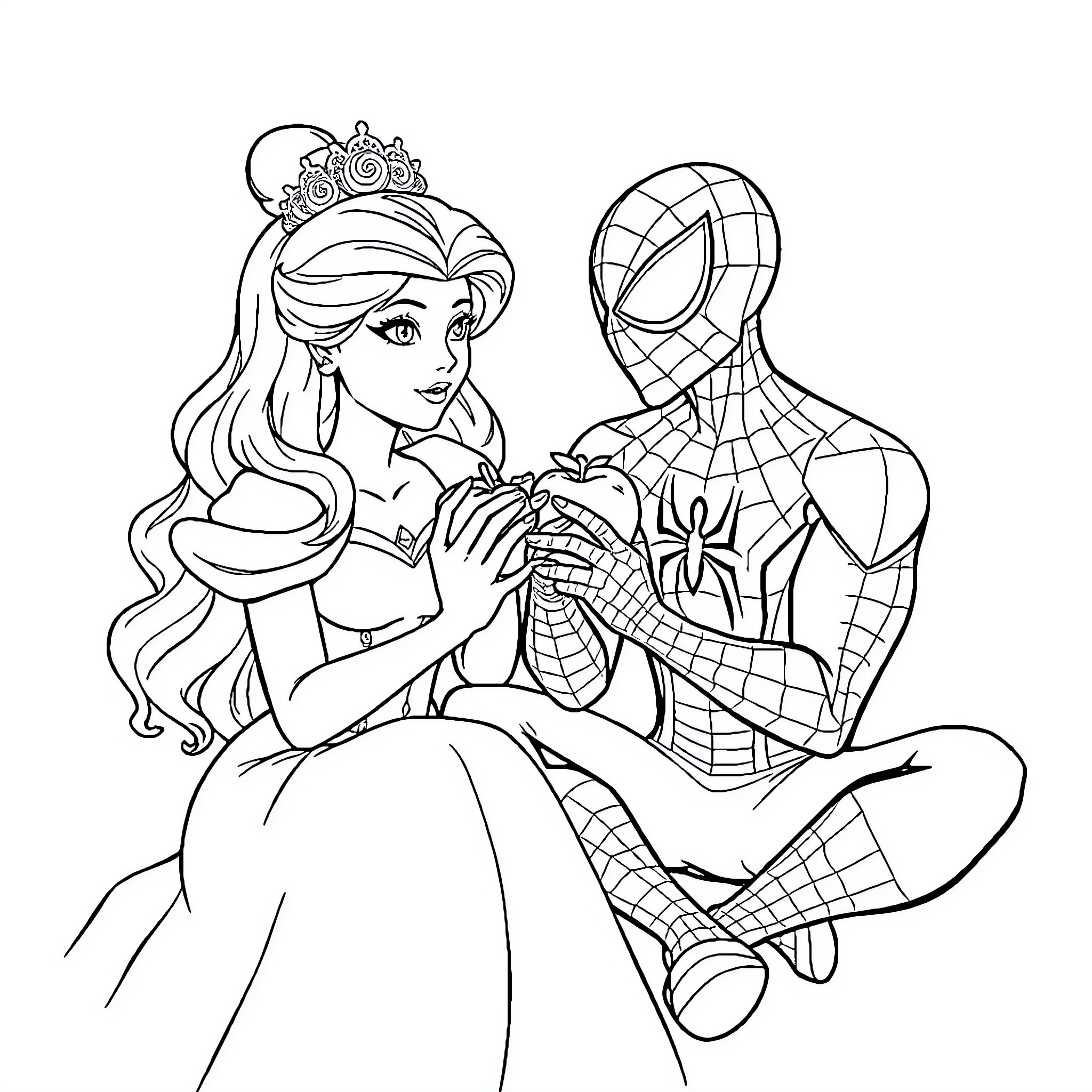 Apple Princess and Superhero in Embrace Coloring Page (free black-and-white line drawing printable PDF for all, from beginners to advanced learners, including children, teens, adults, and seniors)