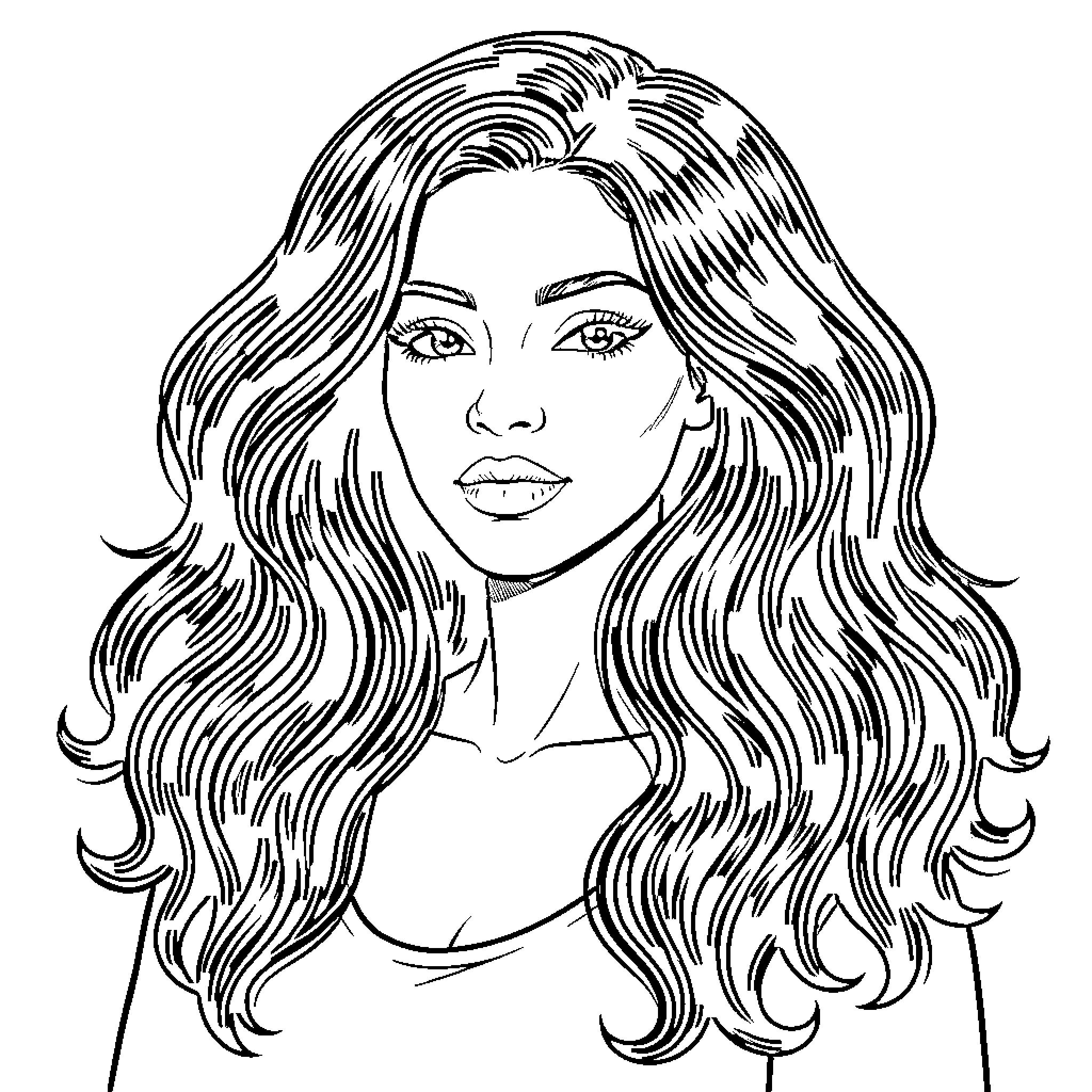 Lady with flowing, wavy hair Coloring Page (free black-and-white line drawing printable PDF for all, from beginners to advanced learners, including children, teens, adults, and seniors)