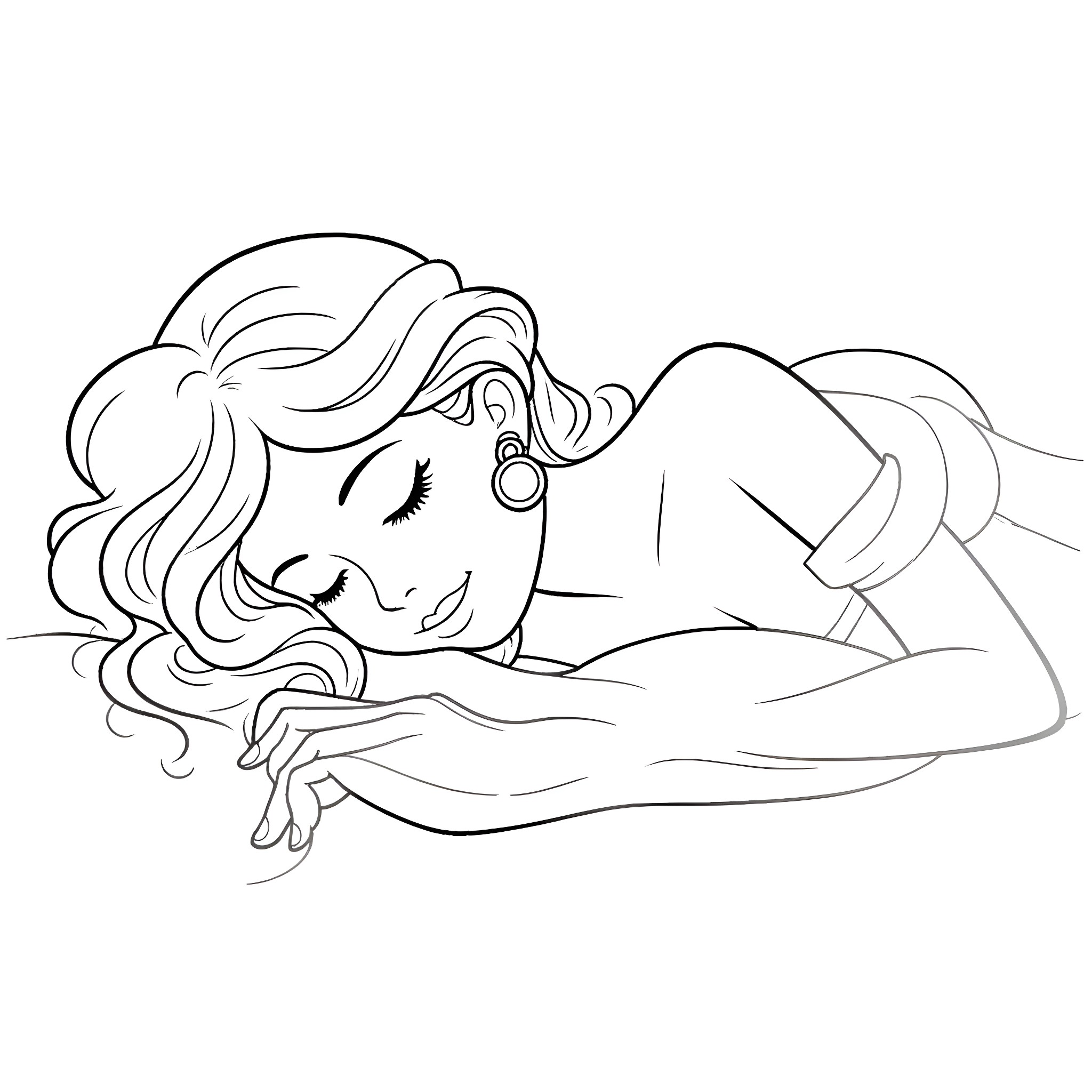 Sleeping Beauty in peaceful slumber Coloring Page (free black-and-white line drawing printable PDF for all, from beginners to advanced learners, including children, teens, adults, and seniors)