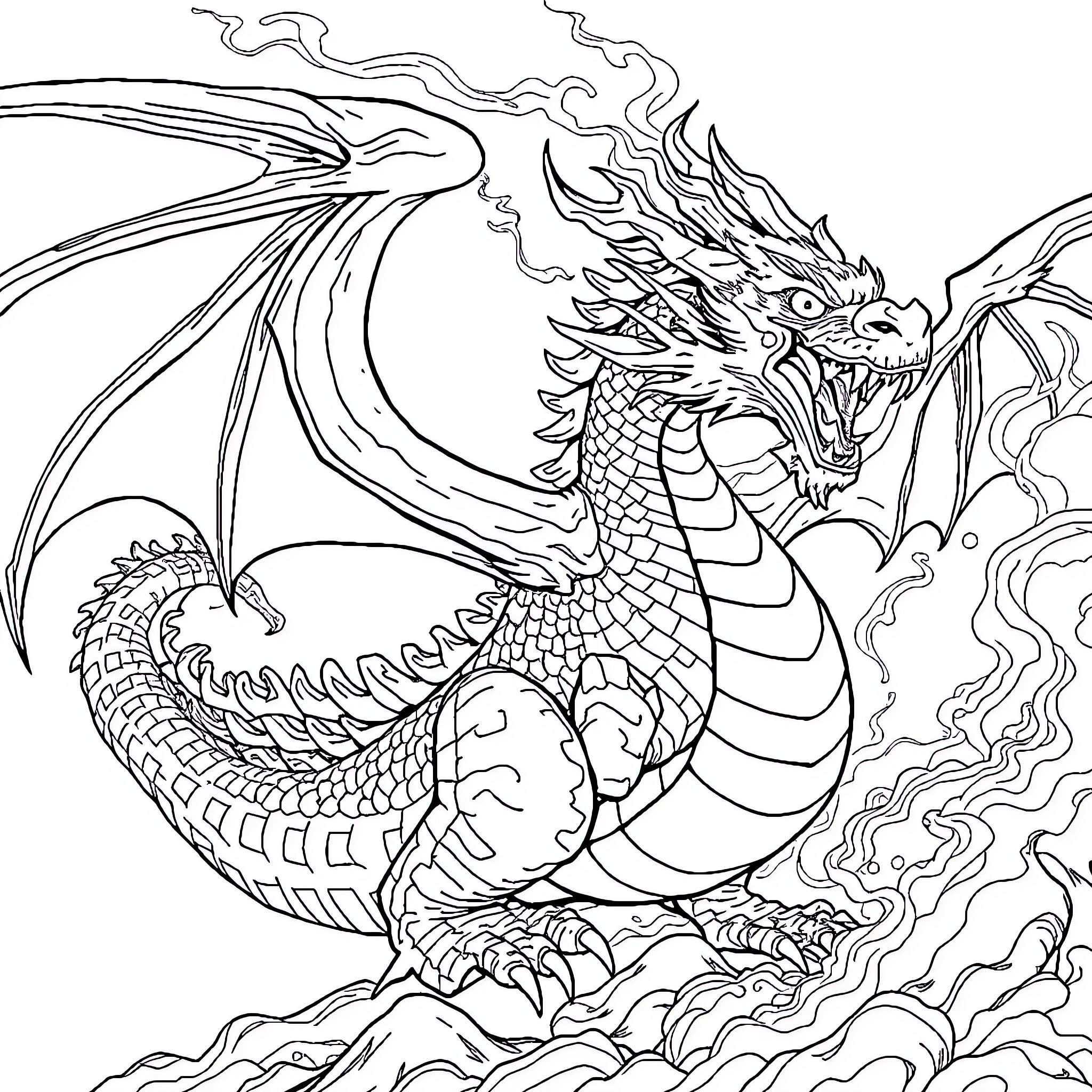 Dragon breathing fiery flames in a dynamic pose Coloring Page (free black-and-white line drawing printable PDF for all, from beginners to advanced learners, including children, teens, adults, and seniors)