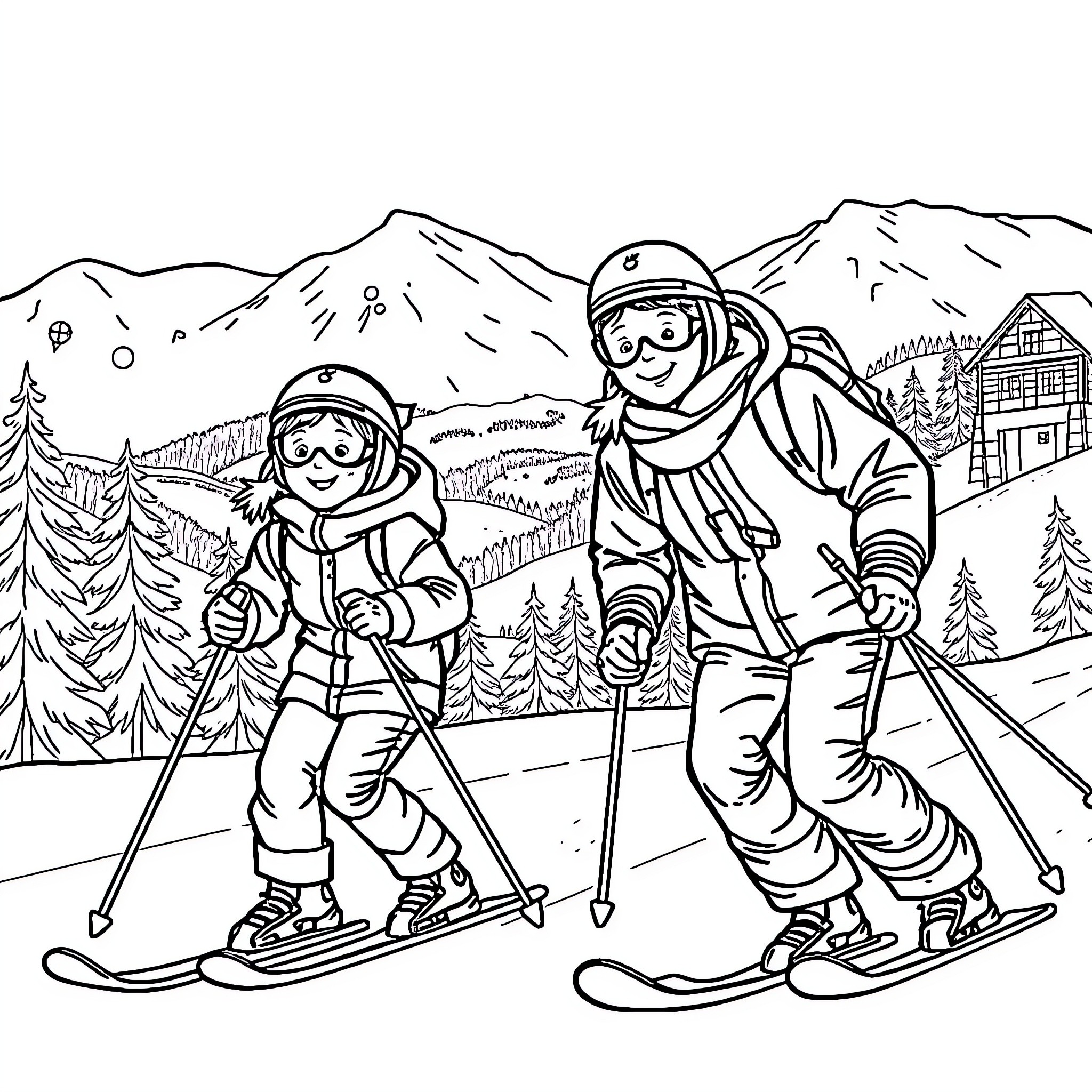 Girl skiers enjoying winter mountain scenery Coloring Page (free black-and-white line drawing printable PDF for all, from beginners to advanced learners, including children, teens, adults, and seniors)