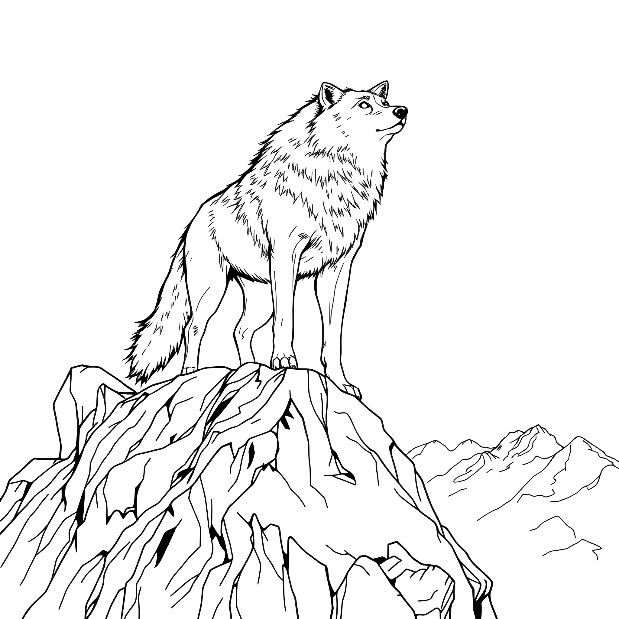 Wolf howling atop a rocky mountain Coloring Page (free black-and-white line drawing printable PDF for all, from beginners to advanced learners, including children, teens, adults, and seniors)