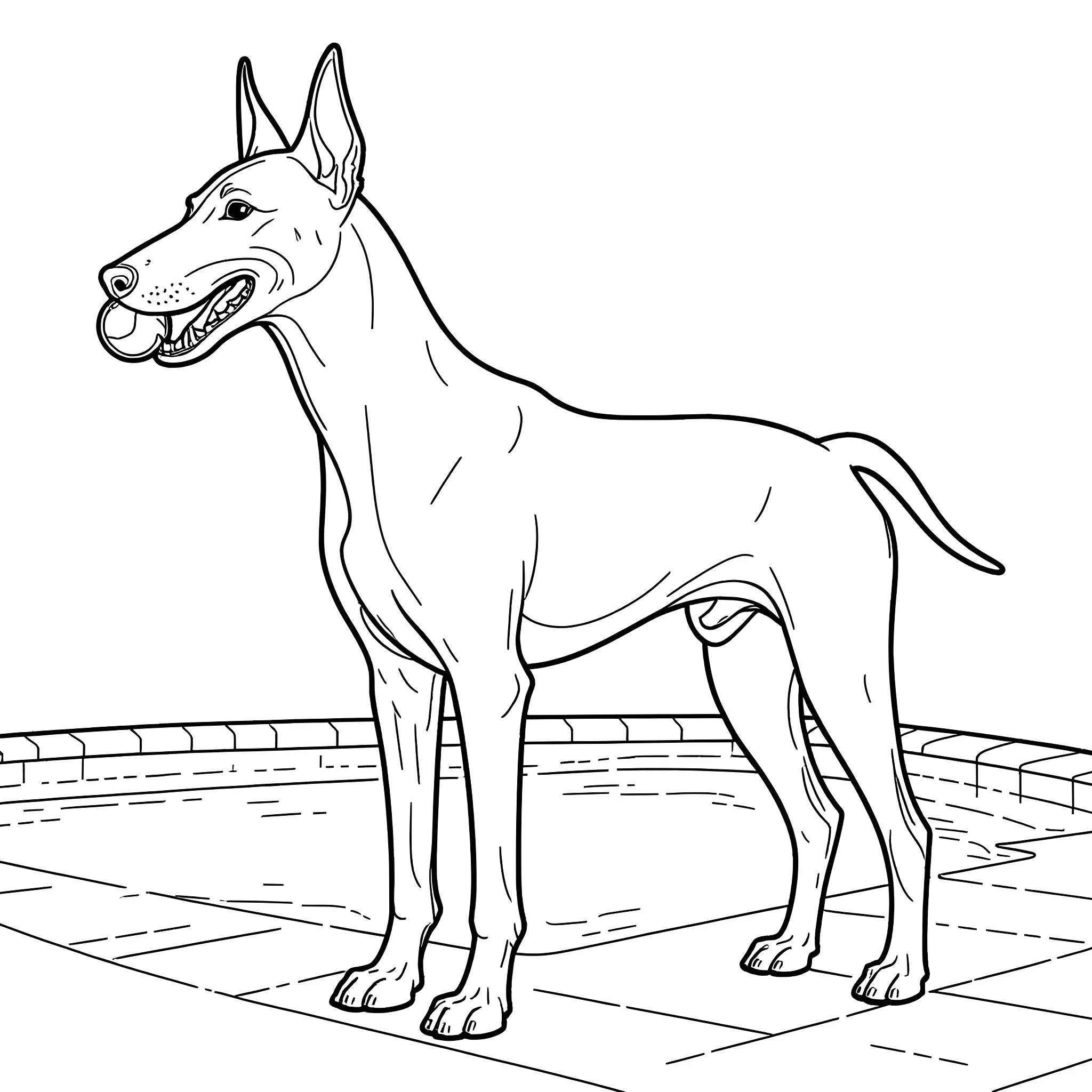 Doberman standing alert in a room Coloring Page (free black-and-white line drawing printable PDF for all, from beginners to advanced learners, including children, teens, adults, and seniors)