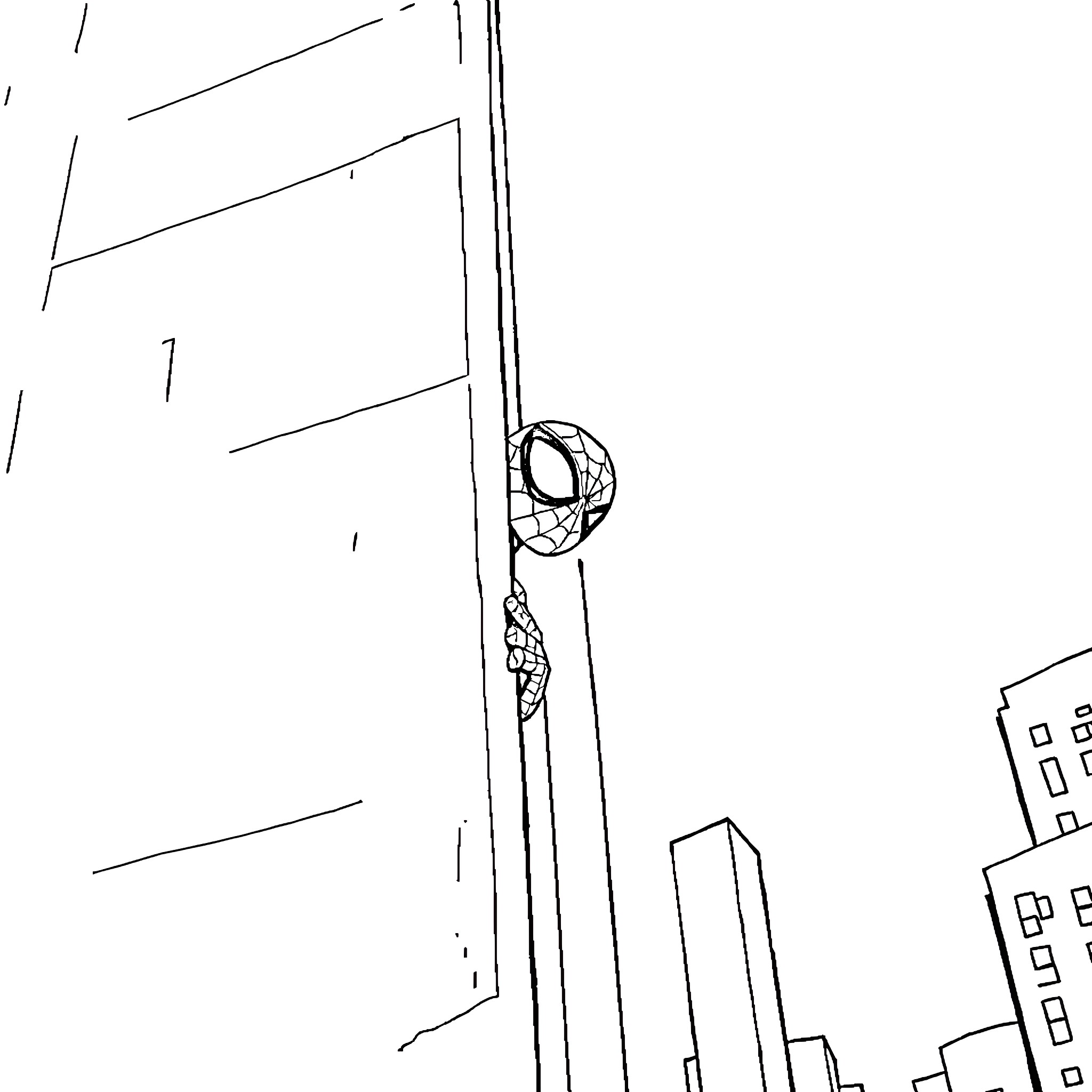 Spider-Man scaling tall buildings in the city Coloring Page (free black-and-white line drawing printable PDF for all, from beginners to advanced learners, including children, teens, adults, and seniors)