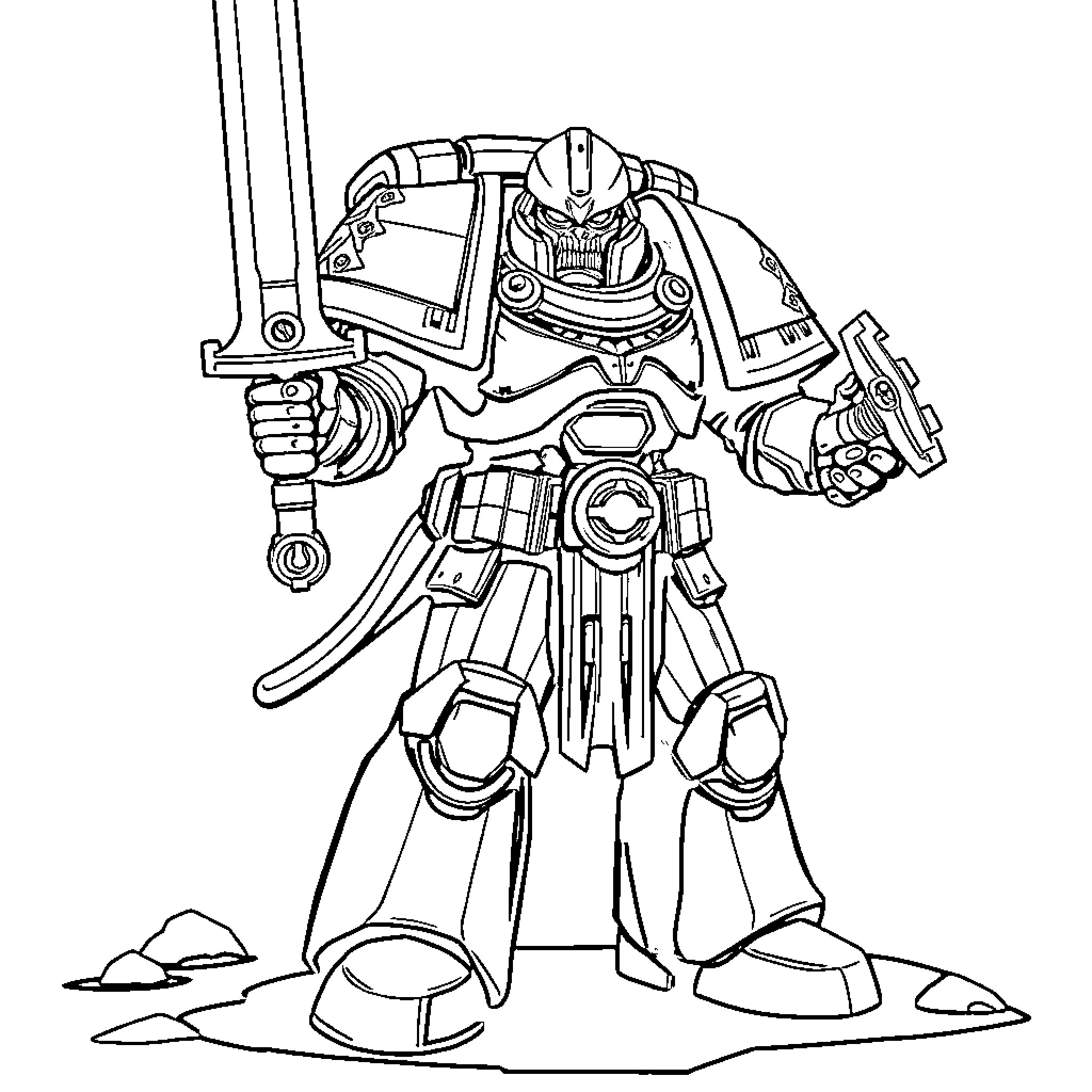 Space Marine Warrior in Powerful Mech Suit Coloring Page (free black-and-white line drawing printable PDF for all, from beginners to advanced learners, including children, teens, adults, and seniors)