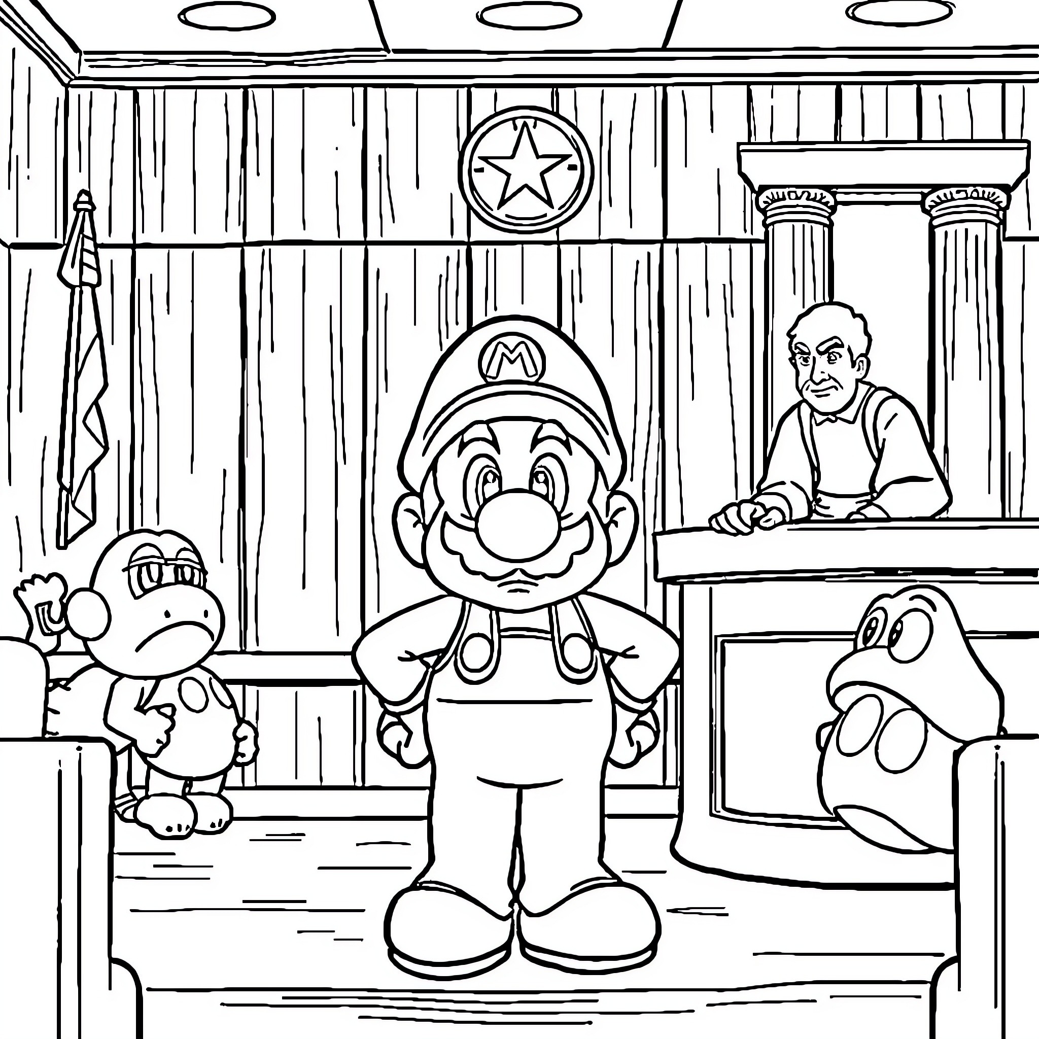 Mario and Friends in Courtroom Scene Coloring Page (free black-and-white line drawing printable PDF for all, from beginners to advanced learners, including children, teens, adults, and seniors)