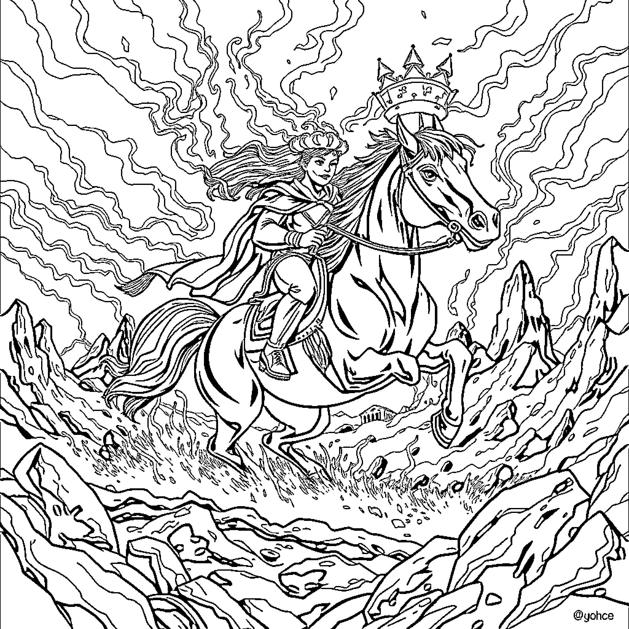 Cochiloco's Mystical Horseback Adventure Coloring Page (free black-and-white line drawing printable PDF for all, from beginners to advanced learners, including children, teens, adults, and seniors)