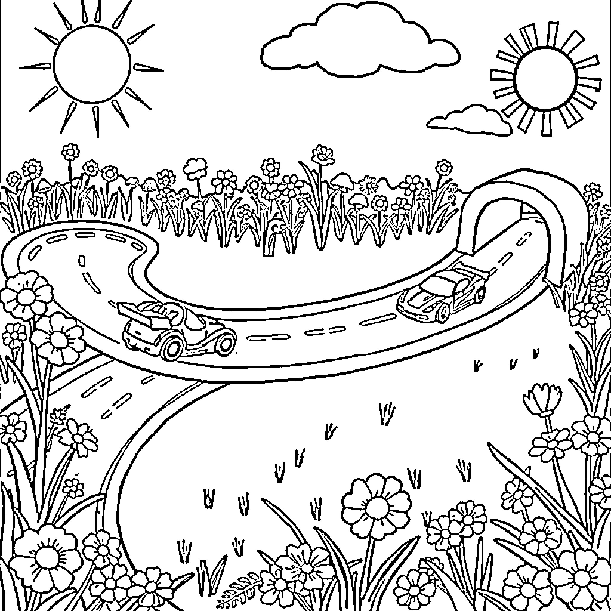 Cars driving through a scenic floral landscape Coloring Page (free black-and-white line drawing printable PDF for all, from beginners to advanced learners, including children, teens, adults, and seniors)