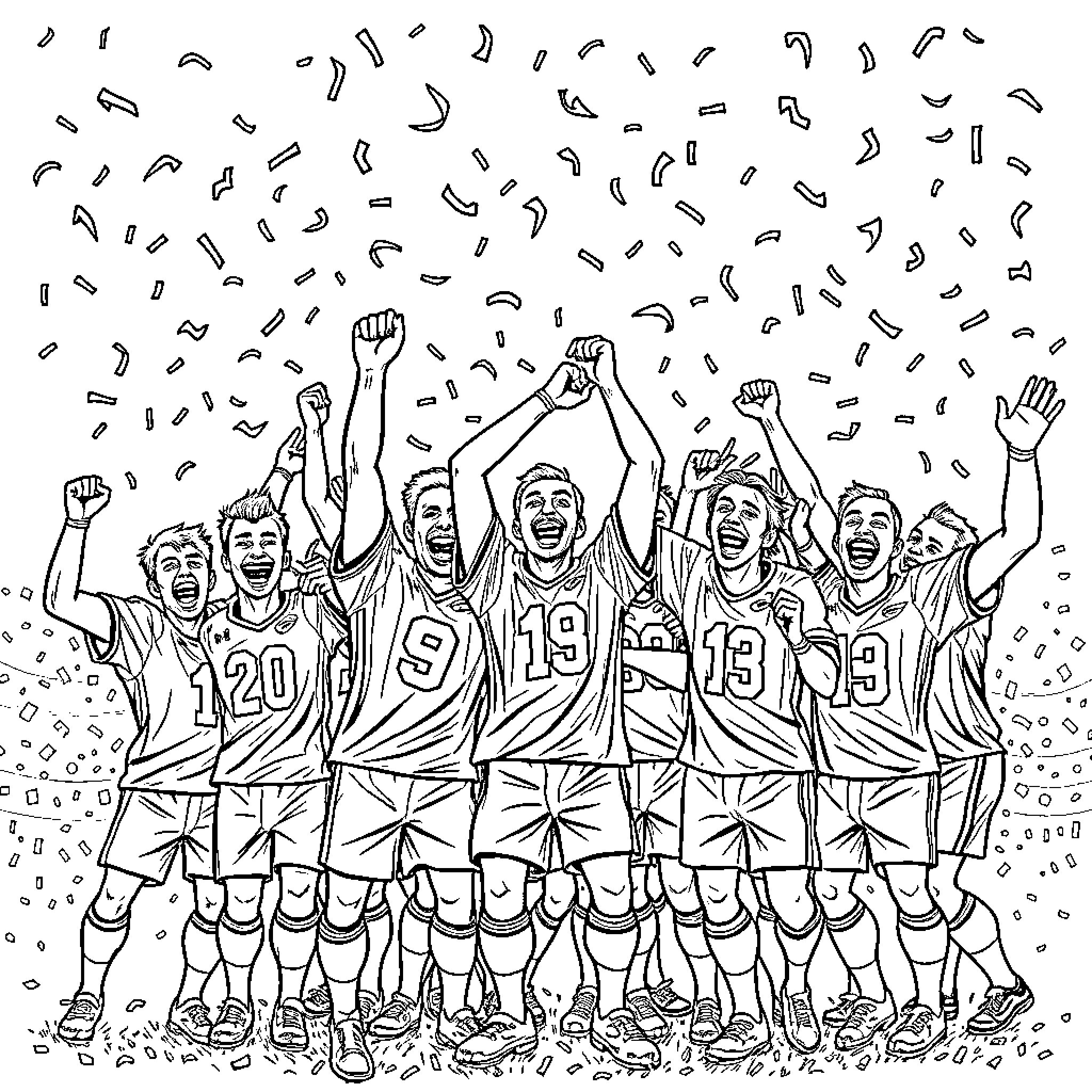 Football Team Celebrating Victory with Raised Arms Coloring Page (free black-and-white line drawing printable PDF for all, from beginners to advanced learners, including children, teens, adults, and seniors)