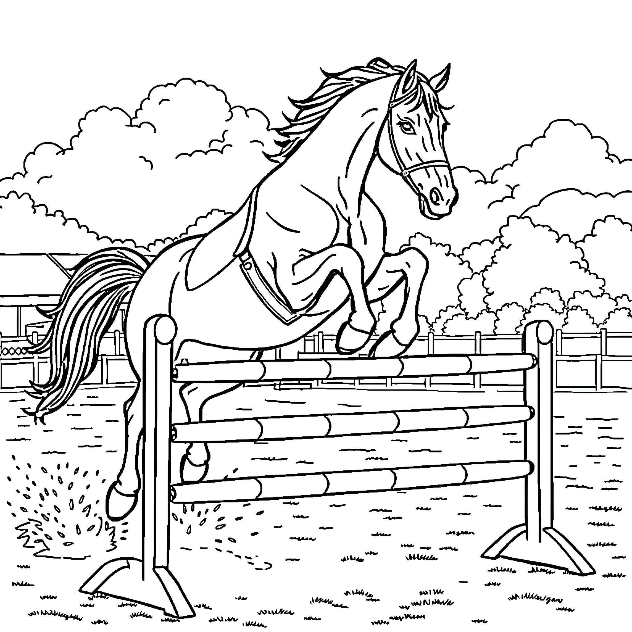 Horse jumping over fence in the countryside Coloring Page (free black-and-white line drawing printable PDF for all, from beginners to advanced learners, including children, teens, adults, and seniors)