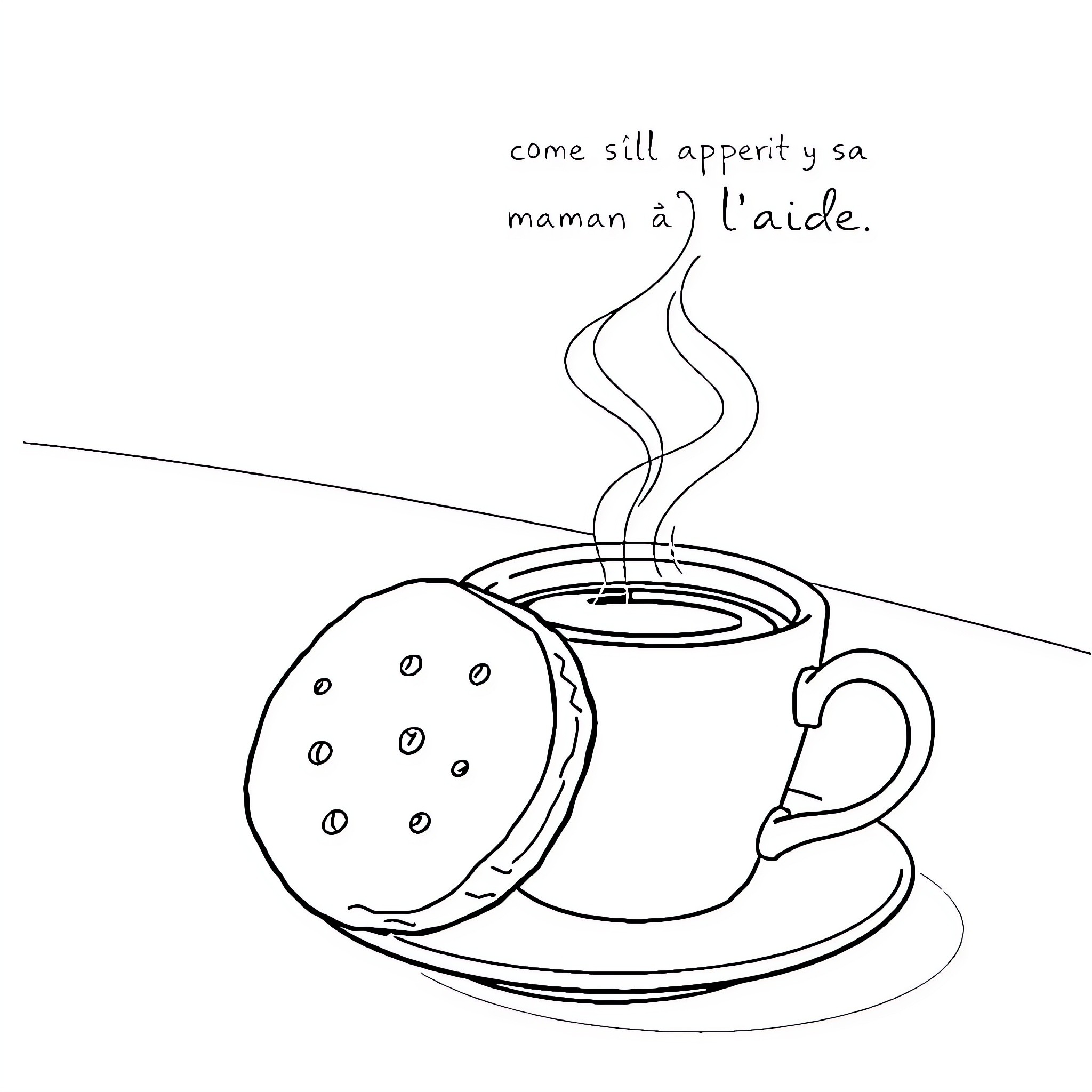 Biscuit and a Warm Beverage Coloring Page (free black-and-white line drawing printable PDF for all, from beginners to advanced learners, including children, teens, adults, and seniors)