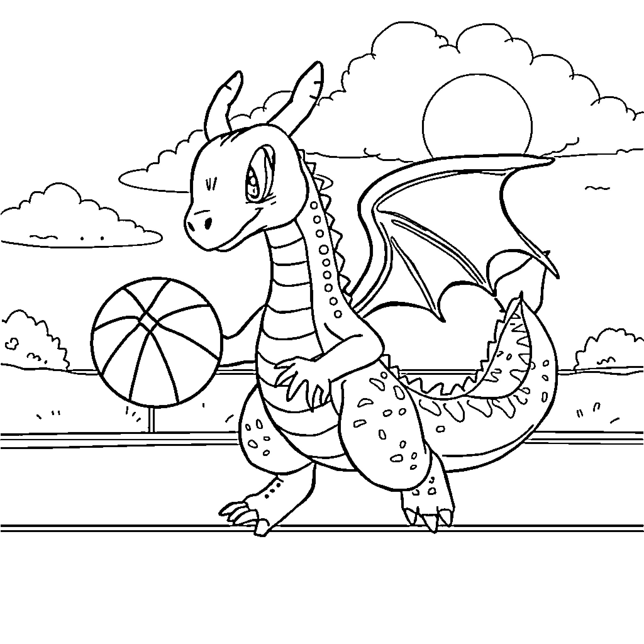 Dragonite playing with a beach ball in a scenic landscape Coloring Page (free black-and-white line drawing printable PDF for all, from beginners to advanced learners, including children, teens, adults, and seniors)