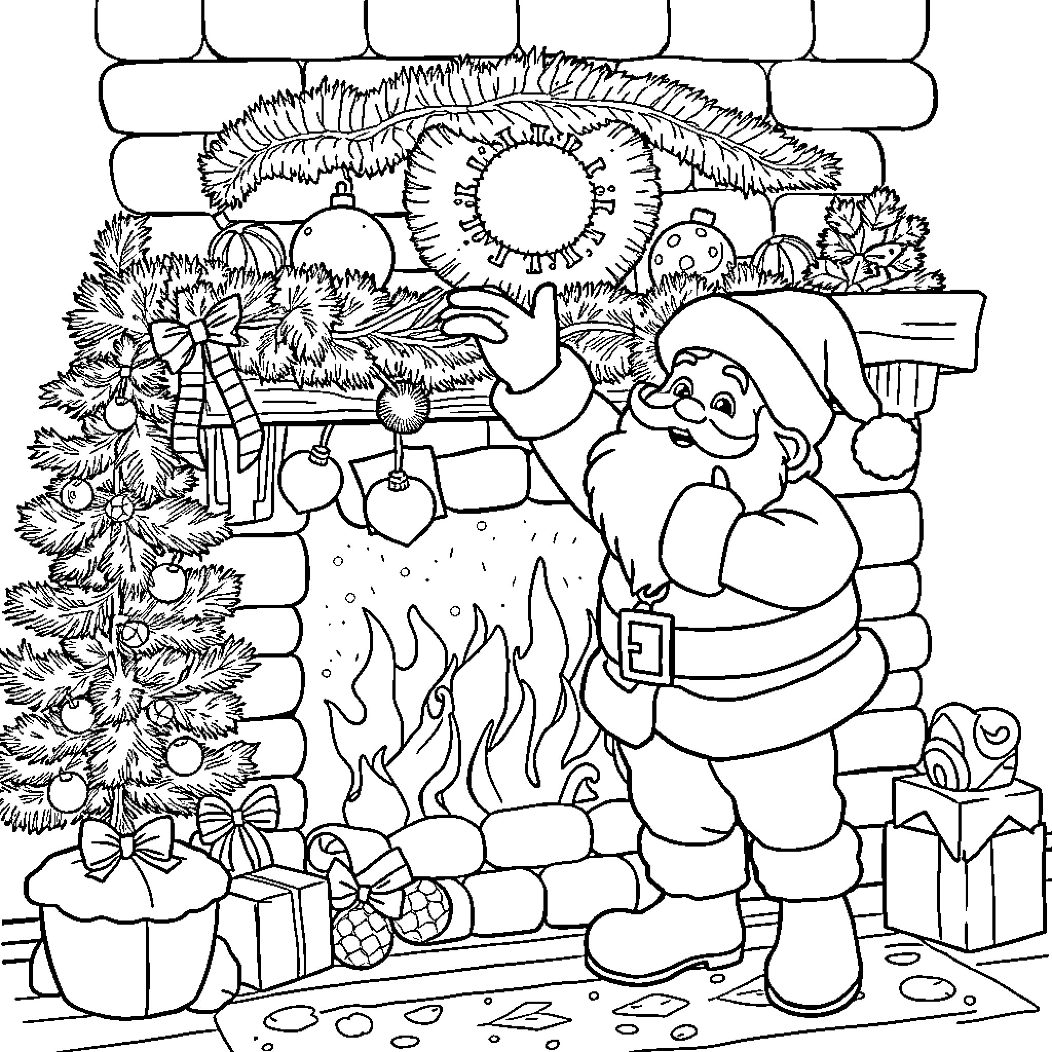 Santa Warming Up by the Fireplace in Winter Wonderland Coloring Page (free black-and-white line drawing printable PDF for all, from beginners to advanced learners, including children, teens, adults, and seniors)