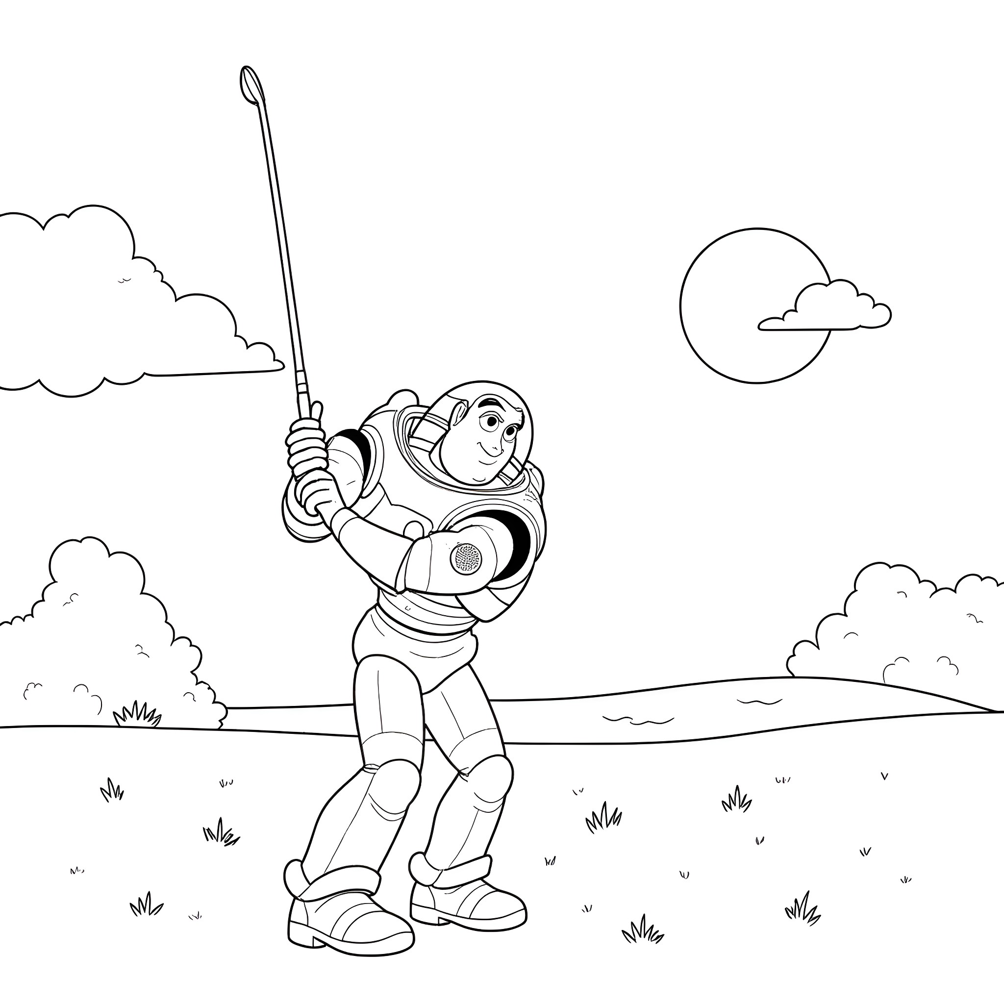 Buzz Lightyear in an adventurous pose on a grassy field Coloring Page (free black-and-white line drawing printable PDF for all, from beginners to advanced learners, including children, teens, adults, and seniors)