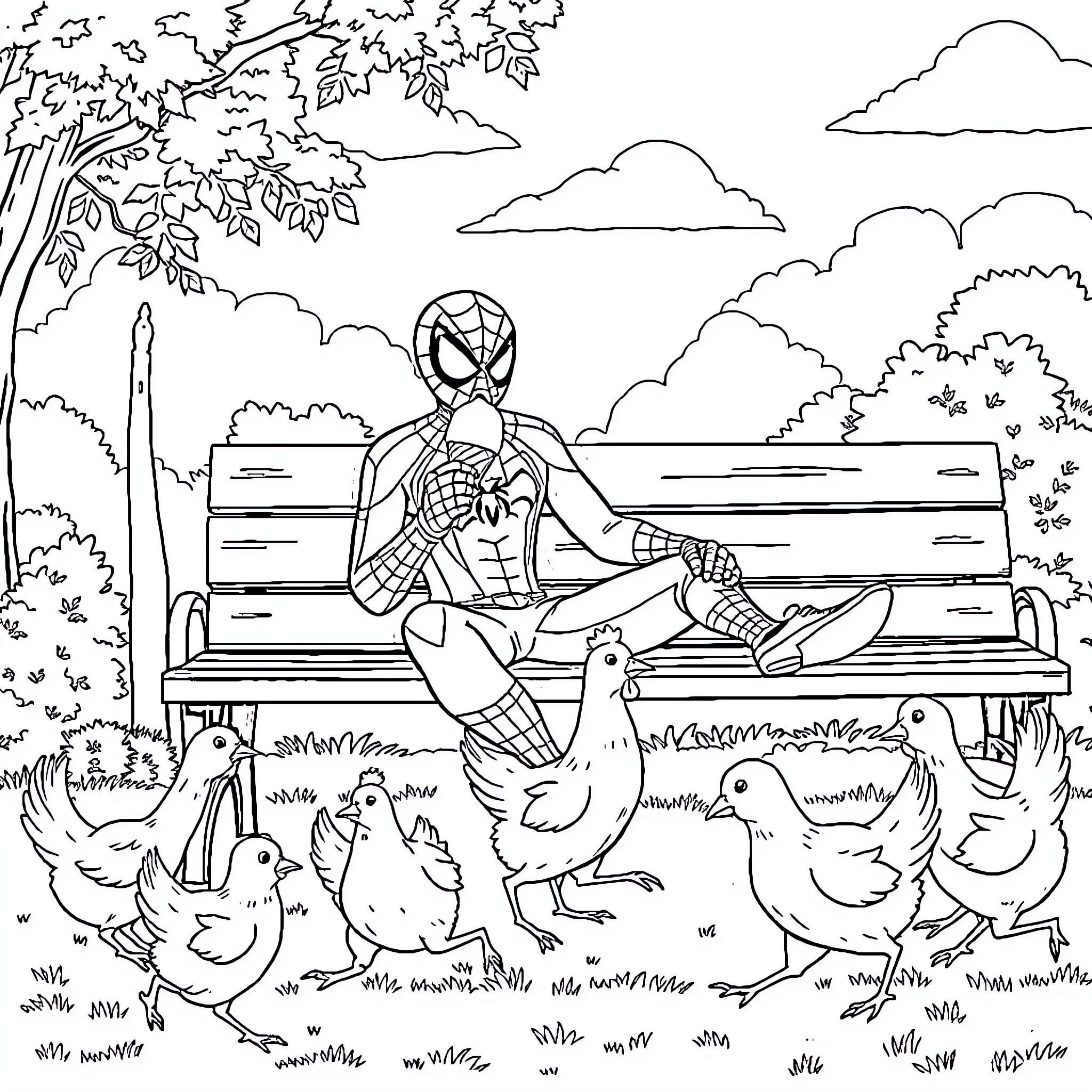 Spiderman relaxing on a park bench with ducks Coloring Page (free black-and-white line drawing printable PDF for all, from beginners to advanced learners, including children, teens, adults, and seniors)