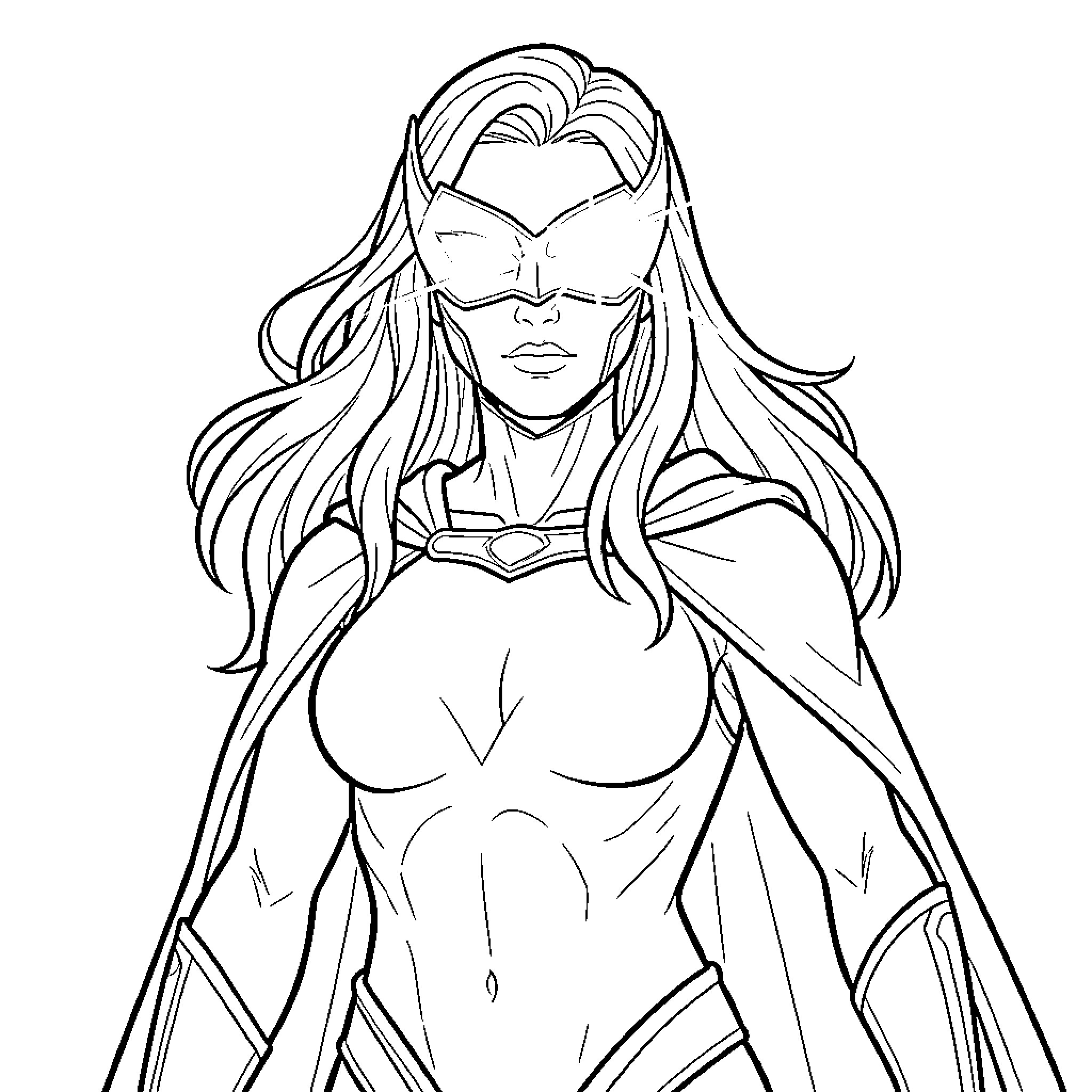 Superhero Mask with Flowing Hair and Determined Pose Coloring Page (free black-and-white line drawing printable PDF for all, from beginners to advanced learners, including children, teens, adults, and seniors)
