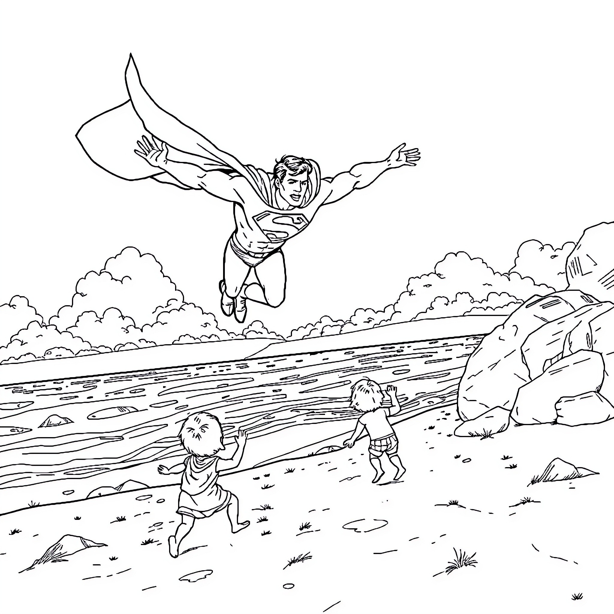 Superman soaring above children playing on the beach Coloring Page (free black-and-white line drawing printable PDF for all, from beginners to advanced learners, including children, teens, adults, and seniors)