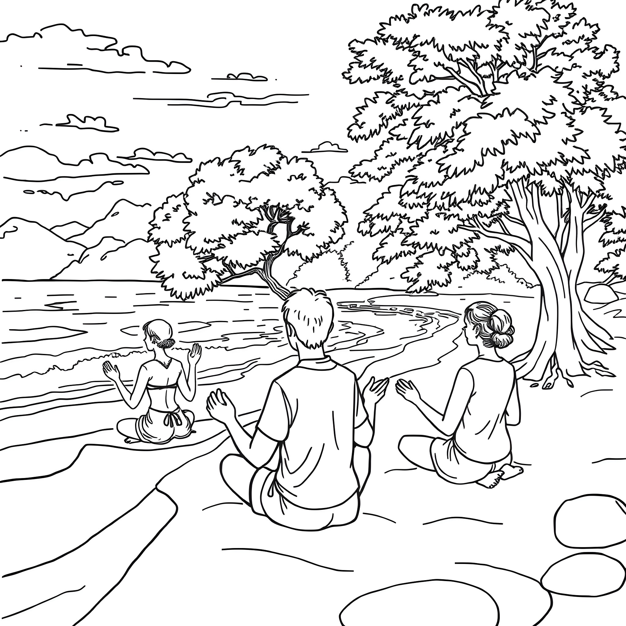 Mental Health Retreat in Nature's Embrace Coloring Page (free black-and-white line drawing printable PDF for all, from beginners to advanced learners, including children, teens, adults, and seniors)