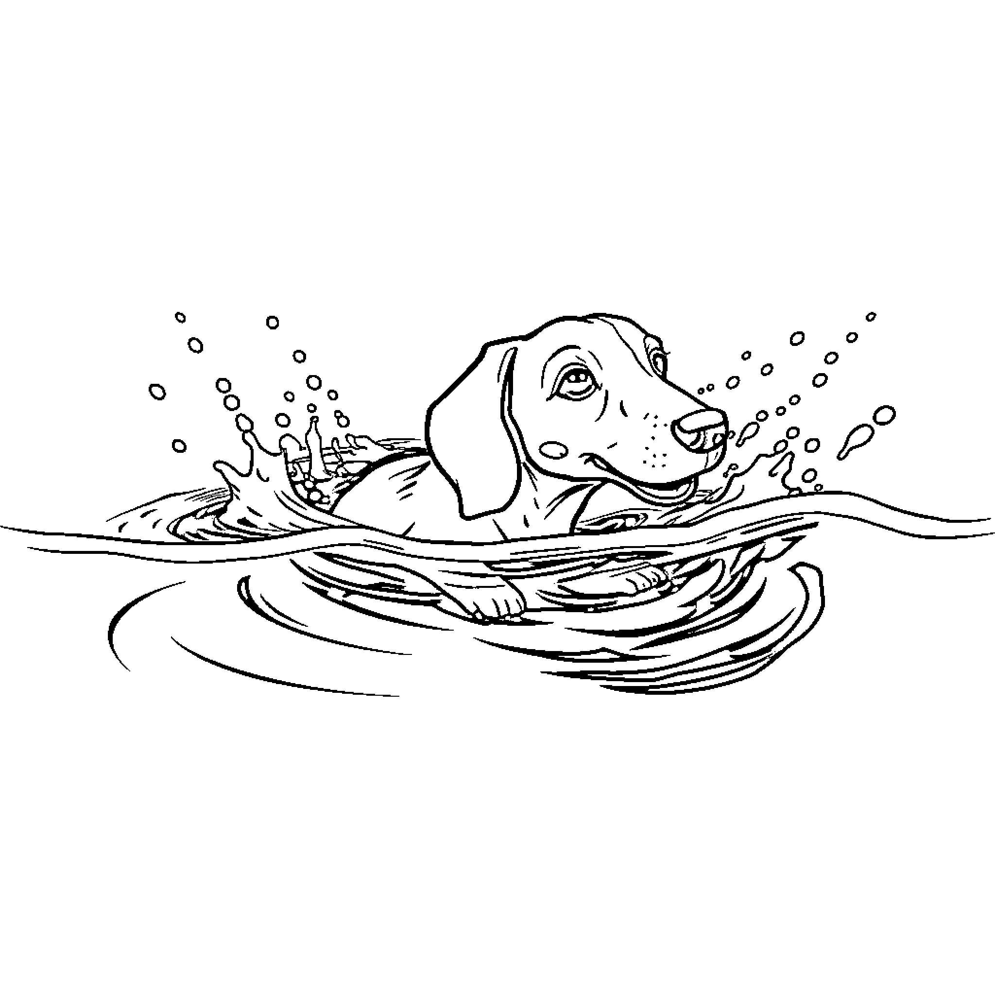 Dachshund swimming playfully in the water Coloring Page (free black-and-white line drawing printable PDF for all, from beginners to advanced learners, including children, teens, adults, and seniors)